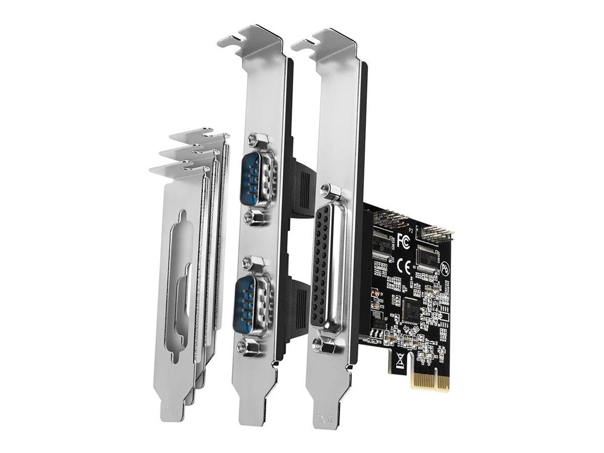 PCI-Erweiterungskarte mit zwei seriellen Anschlüssen (DB9) und einem Parallelport, gezeigt mit mehreren Metallbügel-Optionen für verschiedene Computergehäuse.