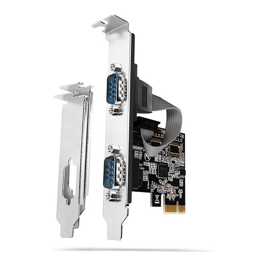 PCIe-Erweiterungskarte mit zwei blauen DB9-Seriellports, Flachbandkabel und Metallschachthalterung für die Installation in Desktop-Computern