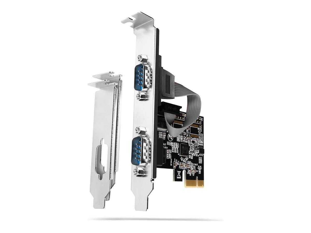 PCIe-Erweiterungskarte mit zwei blauen Seriellanschlüssen auf einer Metallhalterung, dargestellt mit einem separaten Low-Profile-Halterungsadapter.