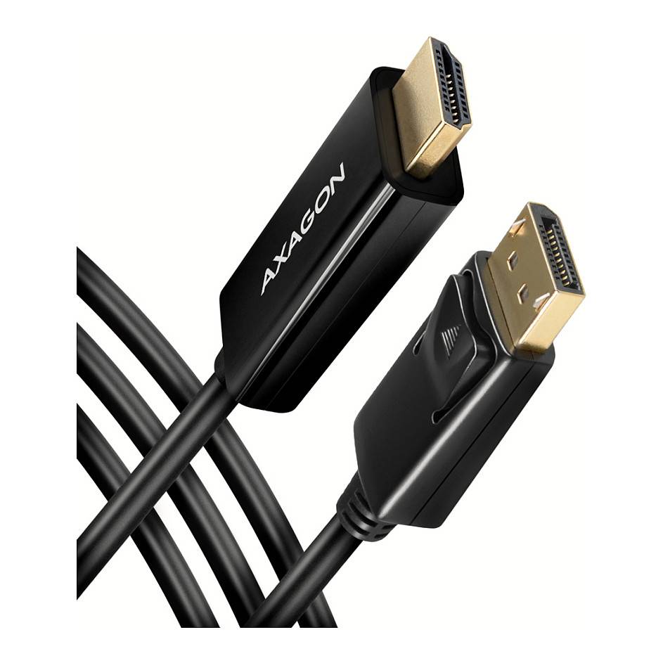 Zwei schwarze DisplayPort-Kabel mit vergoldeten Steckern, eines mit der Bezeichnung 
