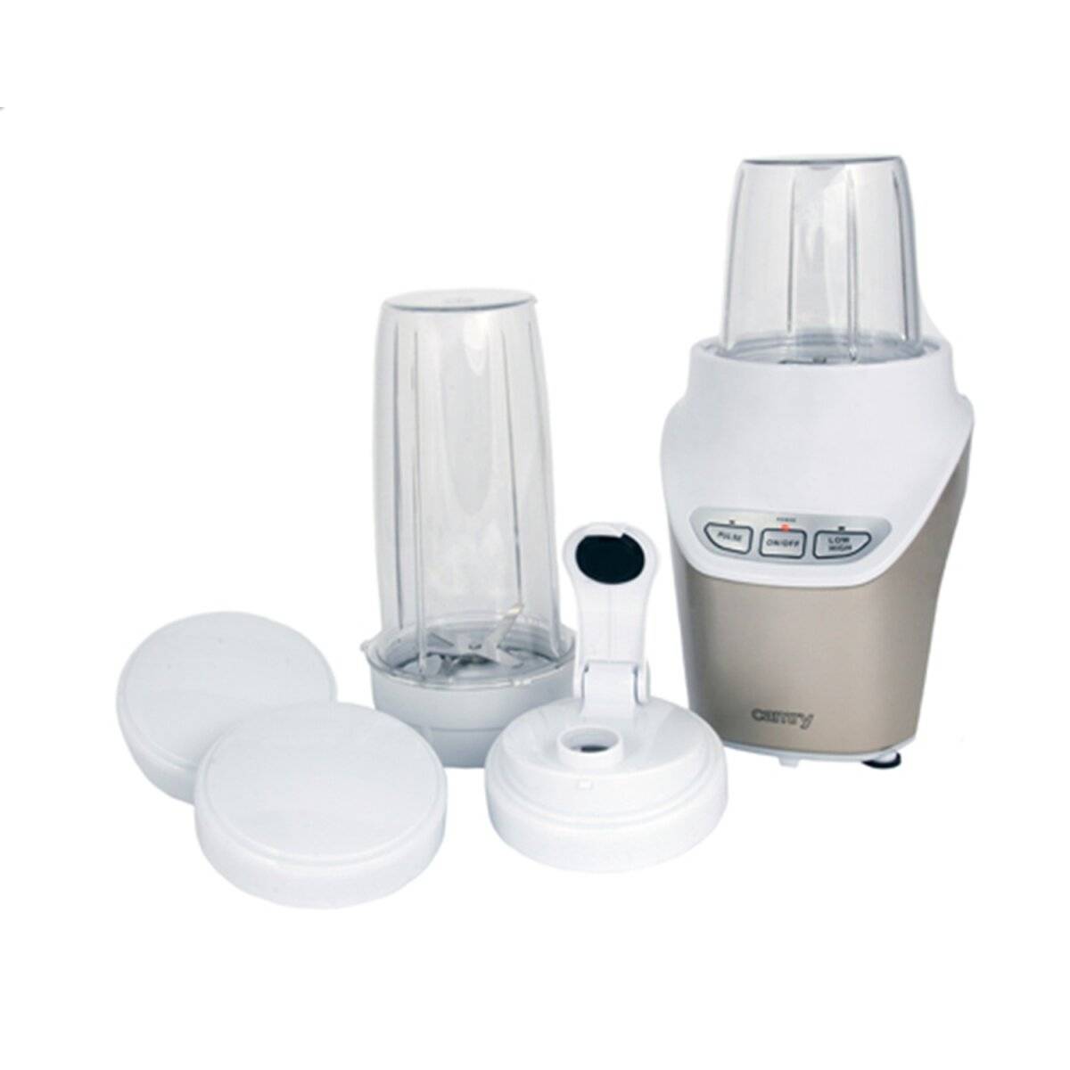 Mixer-Set mit einer Basiseinheit, zwei transparenten Behältern und drei weißen Deckeln vor weißem Hintergrund. Das Bedienfeld zeigt Schaltflächen.