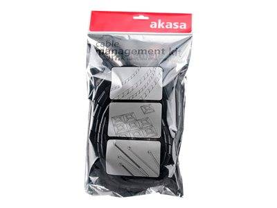 Verpacktes Akasa-Kabelmanagement-Set mit schwarzen Kabelbindern und drei illustrierten Zubehörpanelen auf der Vorderseite.