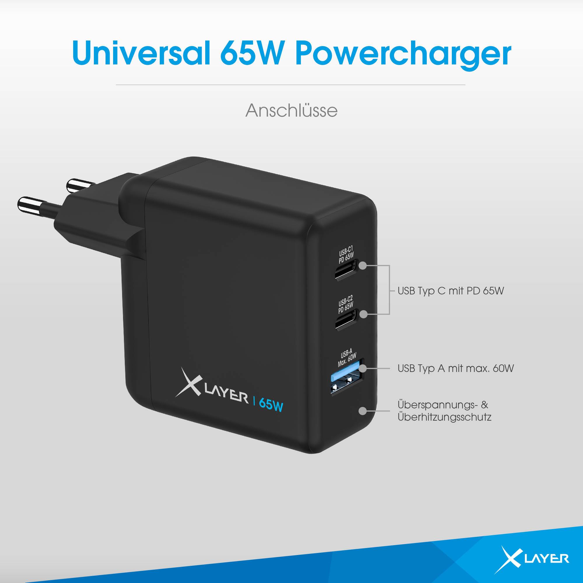 XLayer Powercharger 65W mit 2x USB Typ C & 1x USB Typ A Black
