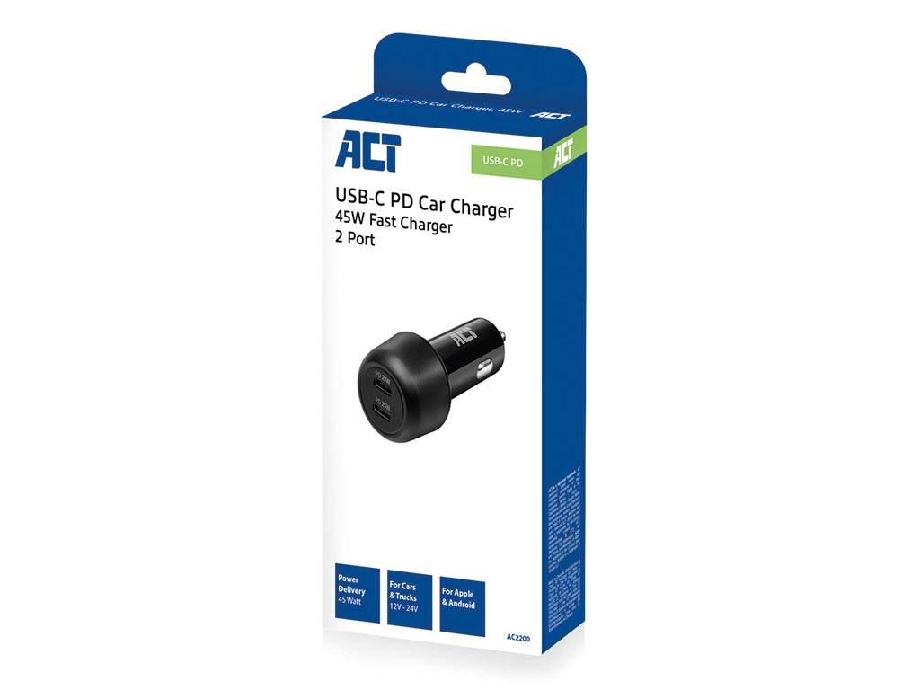 USB-Autoladegerät, 2 x USB-C, Power Delivery Funktion, 45W, 3A, schwarz