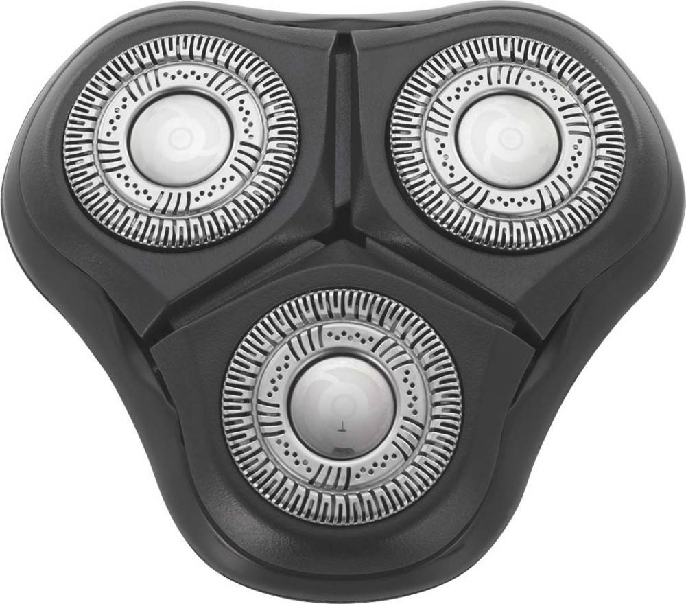 Ein Nahaufnahme eines schwarzen elektrischen Rasierkopfes mit drei kreisrunden Rotationsklingen, die in einer Dreiecksanordnung angeordnet sind.