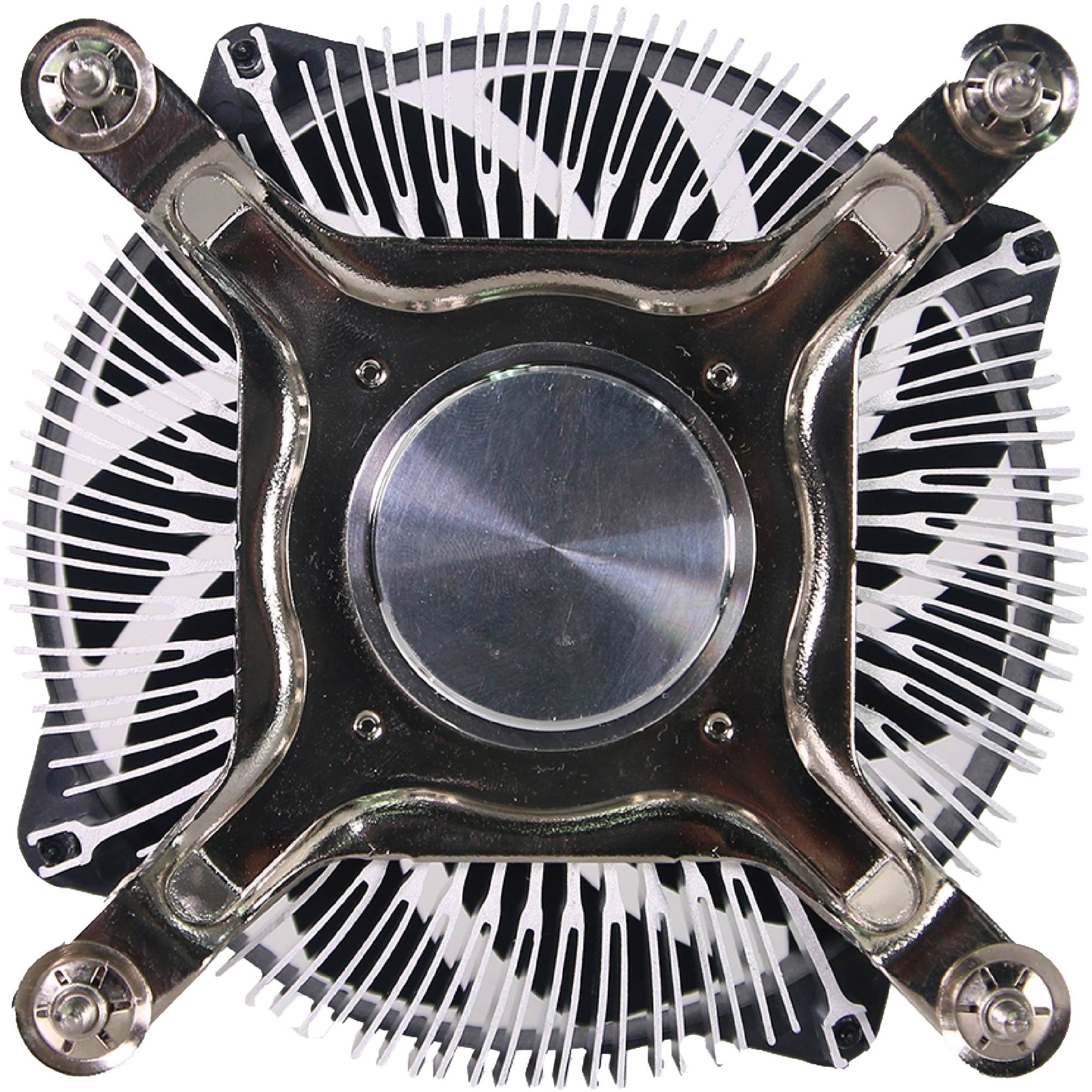 Nahaufnahme eines CPU-Kühler-Kühlkörpers mit einer zentralen Metallbasis, vier Befestigungsarmen und weißen radialen Kühlrippen.