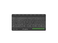 Vorderansicht eines schwarzen 8-Port-Netzwerk-Switches mit grünen Statusleuchten an der Unterseite.