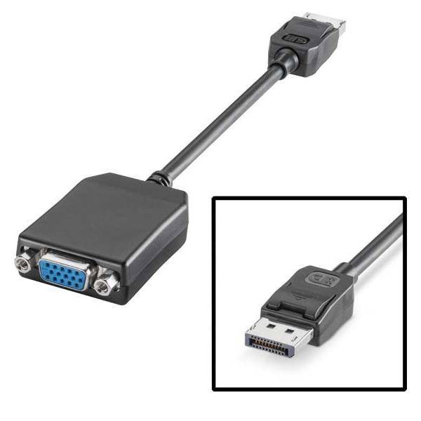 Schwarzes DisplayPort-zu-VGA-Adapterkabel, das DisplayPort- und VGA-Anschlüsse zeigt, verwendet zum Anschluss eines Computers an einen VGA-Monitor.