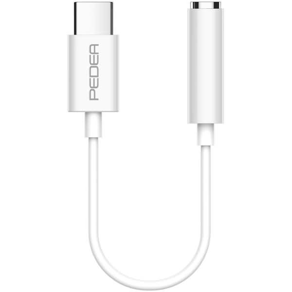 Weißes USB-C-zu-USB-C-Ladekabel mit einem kurzen U-förmigen Stecker mit der Aufschrift „PEDEA