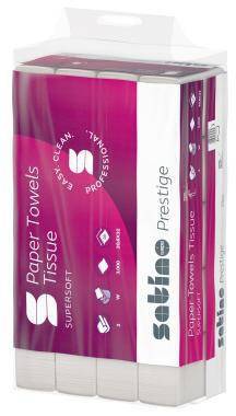 Packung weiße Papiertücher mit der Aufschrift „Satin Prestige