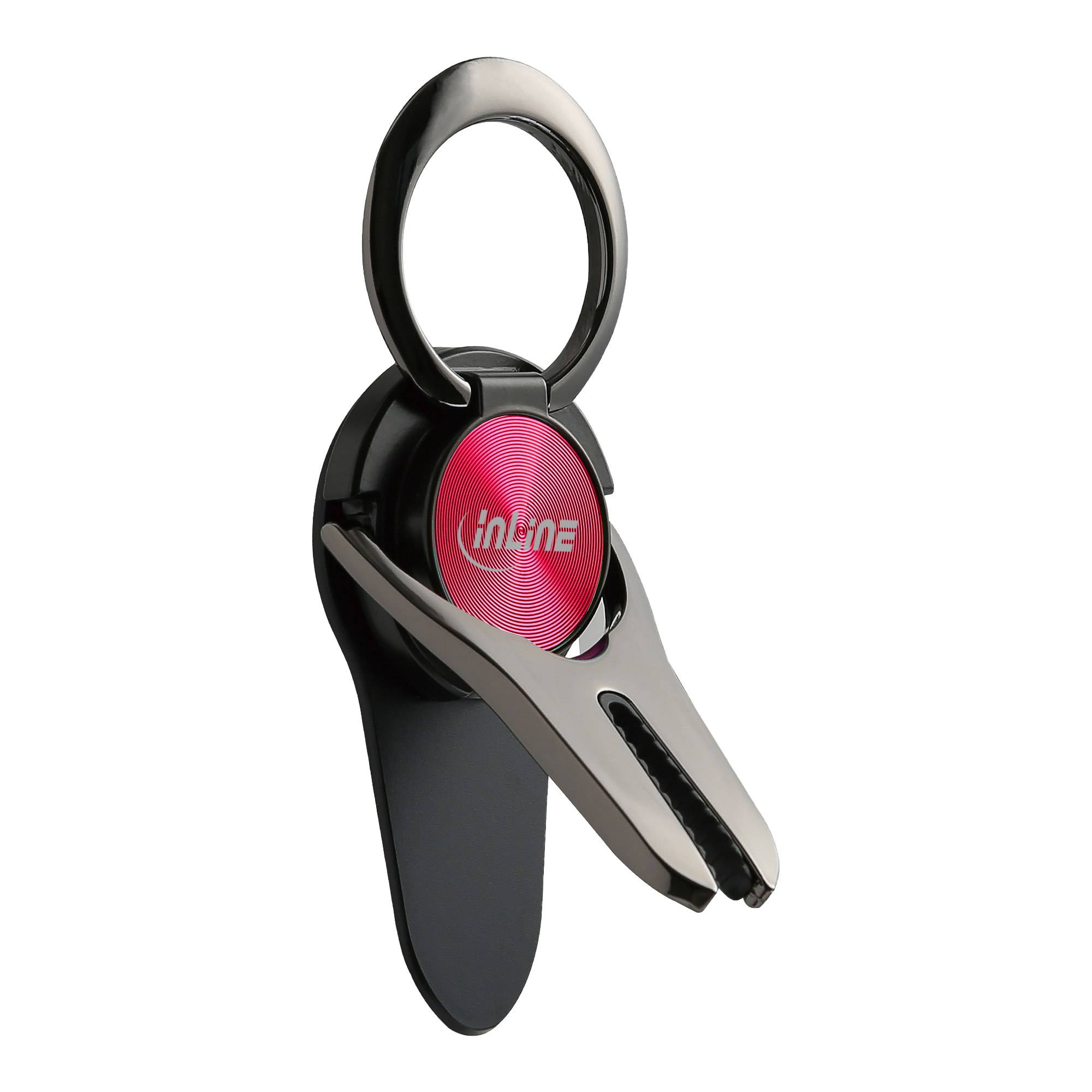 Ein schwarz-silbernes Schlüsselanhänger-Werkzeug mit einem großen Ring und rosa 'inline' Mittelteil, auf weißem Hintergrund gezeigt.