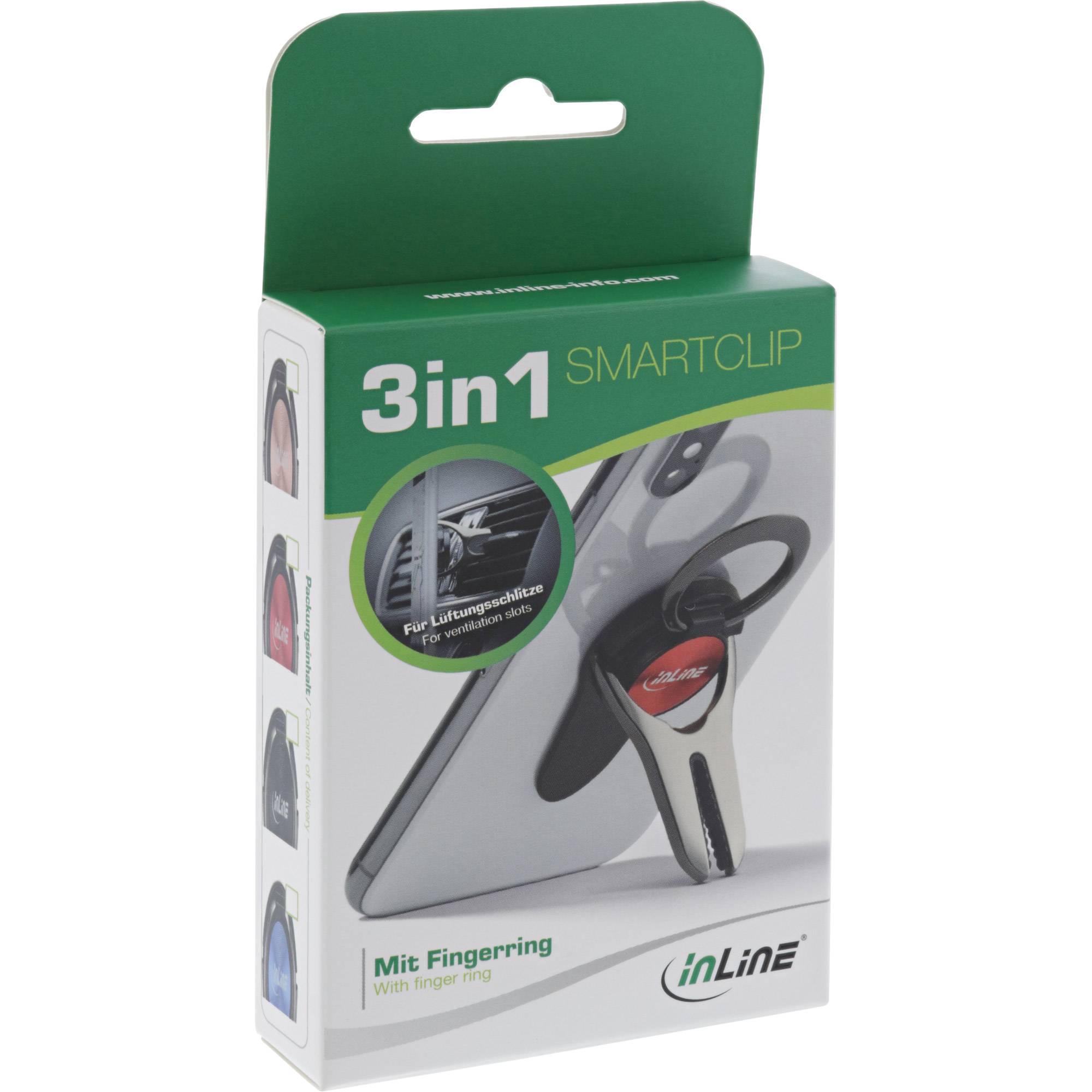 Einzelhandelsverpackung für eine InLine '3in1 SMARTCLIP' Autohalterung für Telefone, dargestellt in einer grün-weißen Schachtel mit Produktabbildung und Text 'Mit Fingerring'.