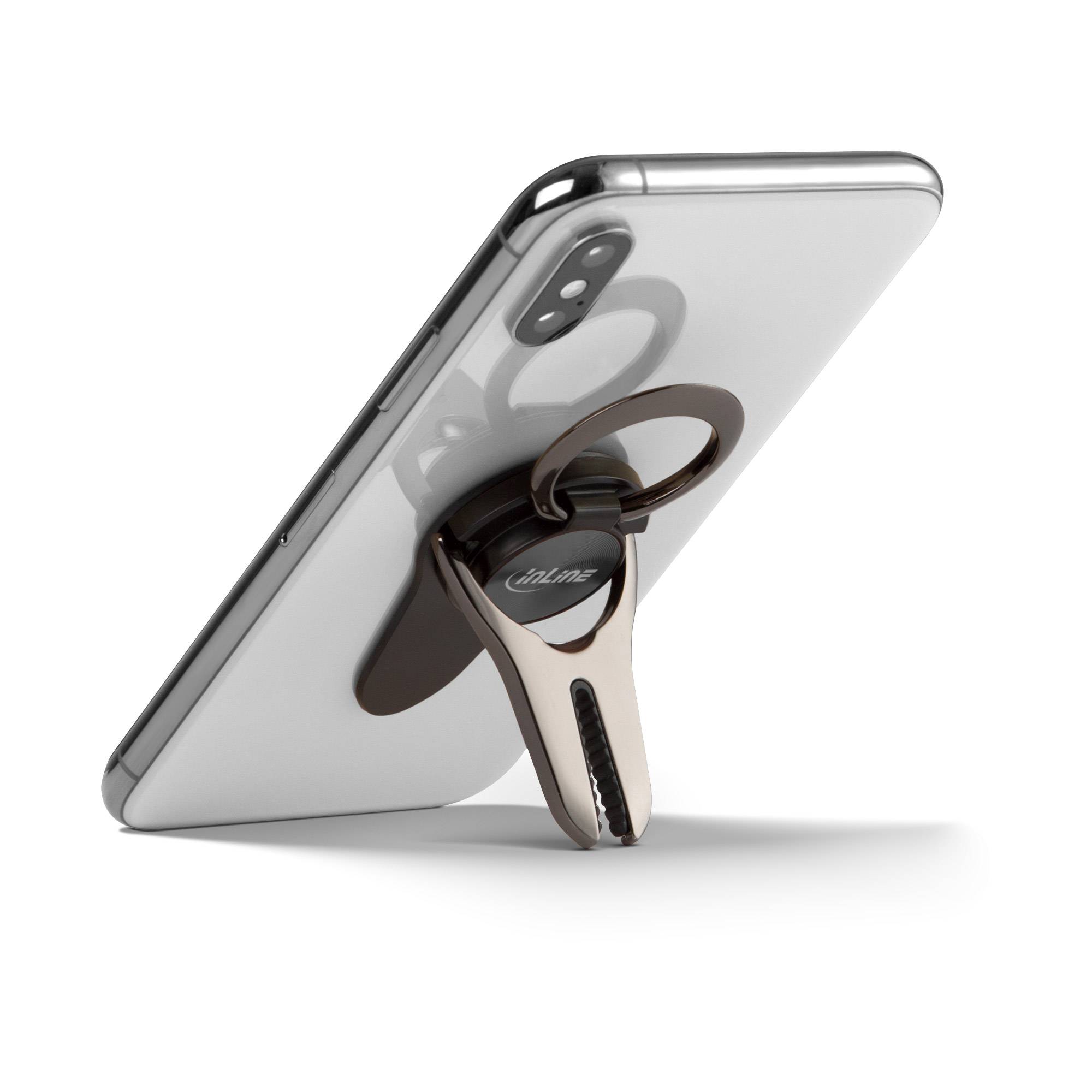 Silbernes Smartphone aufrecht positioniert mit einem ringförmigen Fingergriff/Ständer auf der Rückseite befestigt.