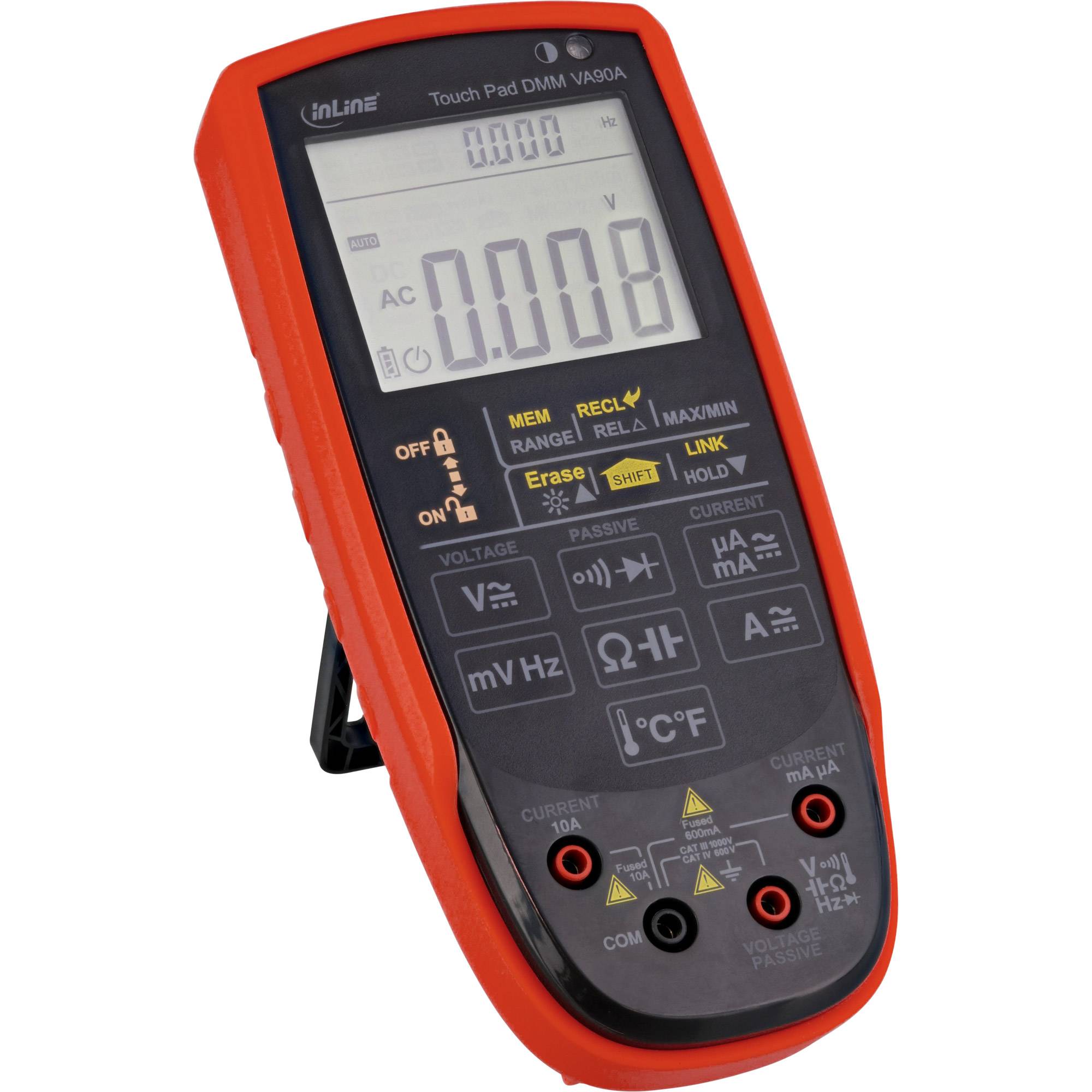Digitales Multimeter mit roter Gehäuse, das eine Messung von 0,0008 AC anzeigt. Tasten für verschiedene Messungen und Einstellungen sind sichtbar.