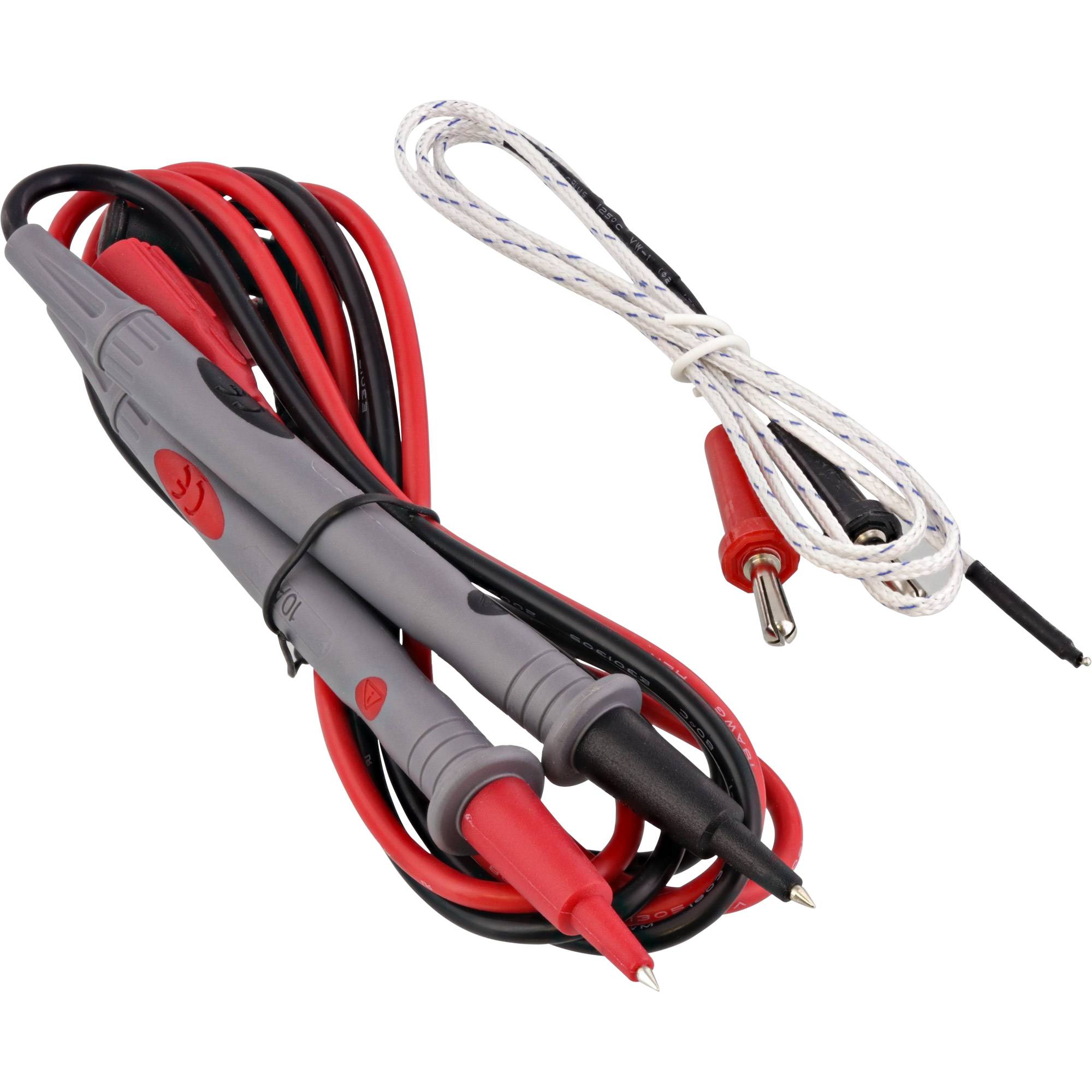 Rote und schwarze Multimeter-Messleitungen, zusammengerollt, neben einem separaten weißen Kabel mit spitzen Metallspitzen.