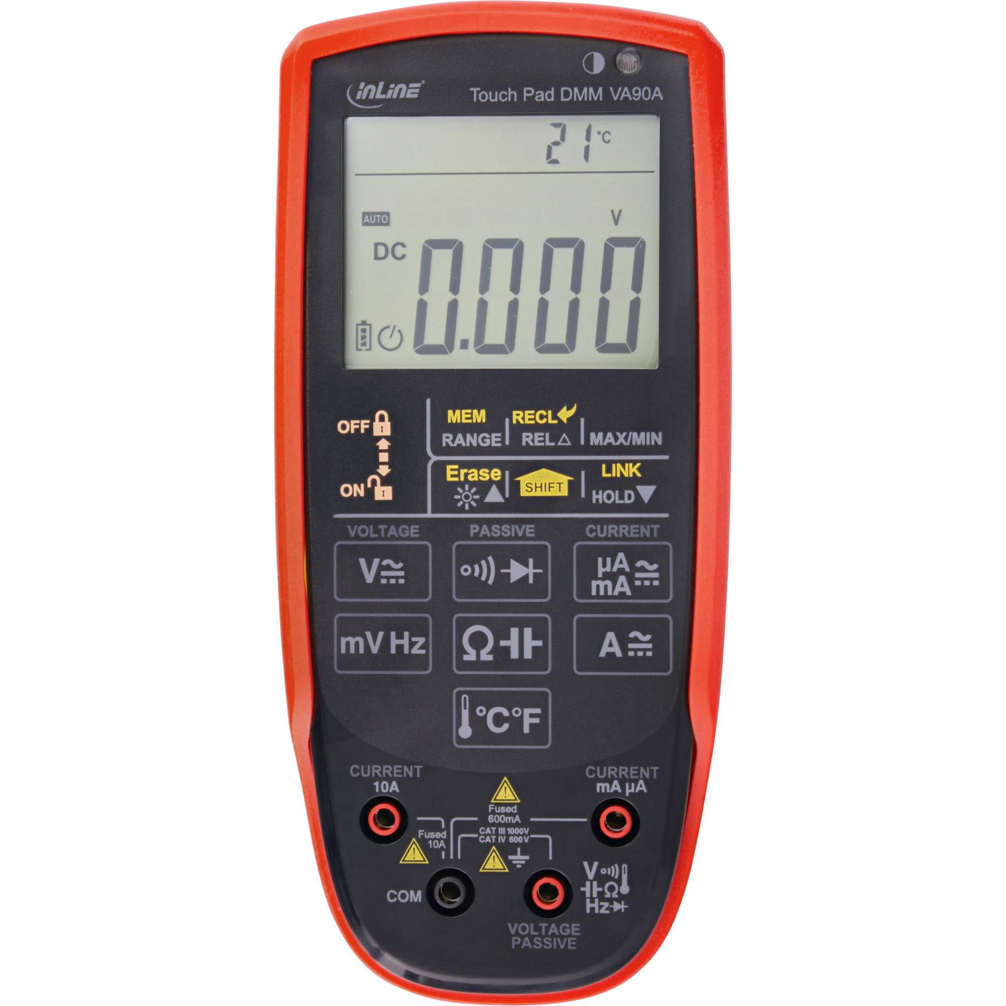 Ein digitales Multimeter mit einem roten Gehäuse zeigt '0,000' Gleichspannung auf seinem Display. Es verfügt über Tasten für verschiedene elektrische Messungen.
