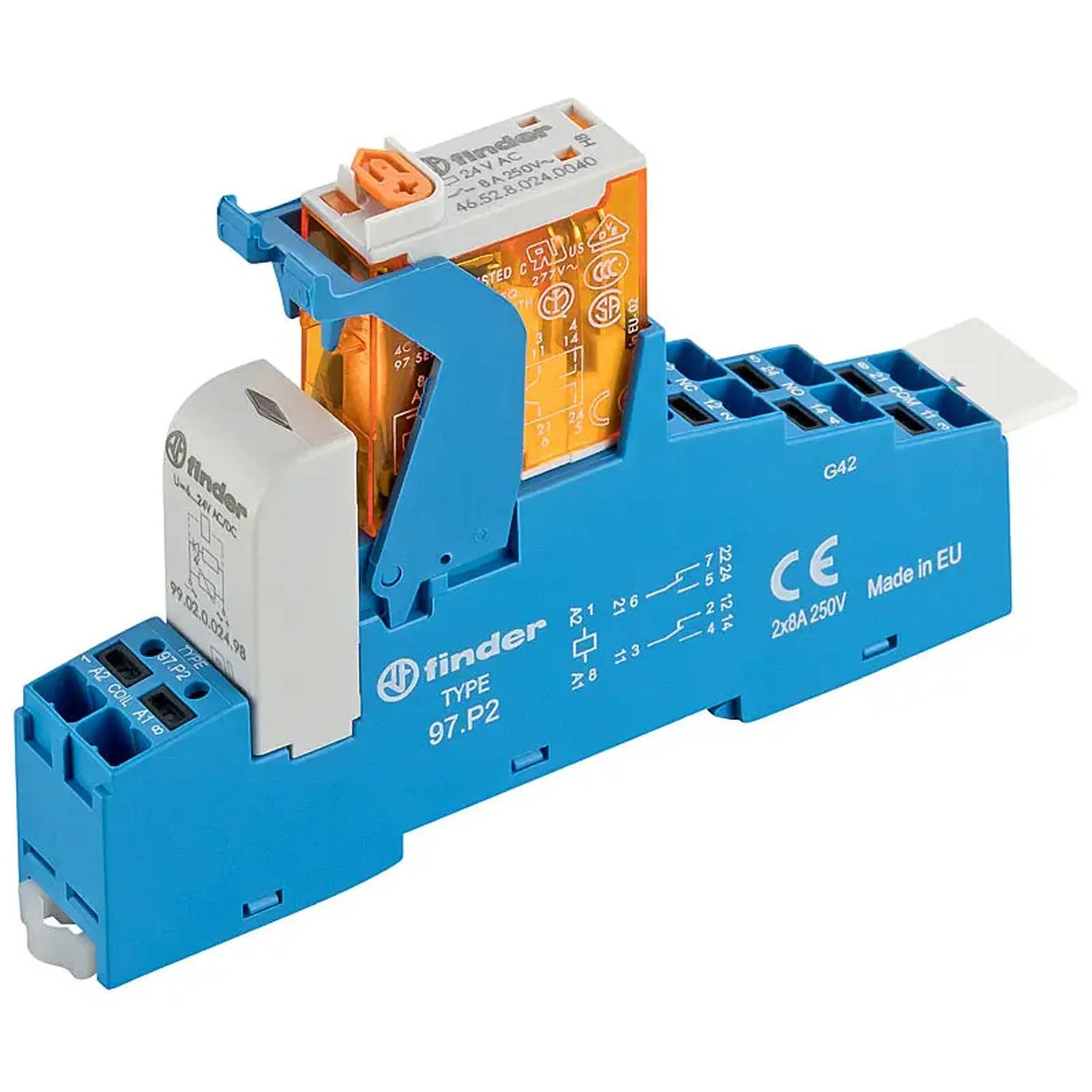Finder Koppelrelais 230 V AC, 2 Wechsler 8 A, Push‑In, LED – 4C.P2, 1 Stk.