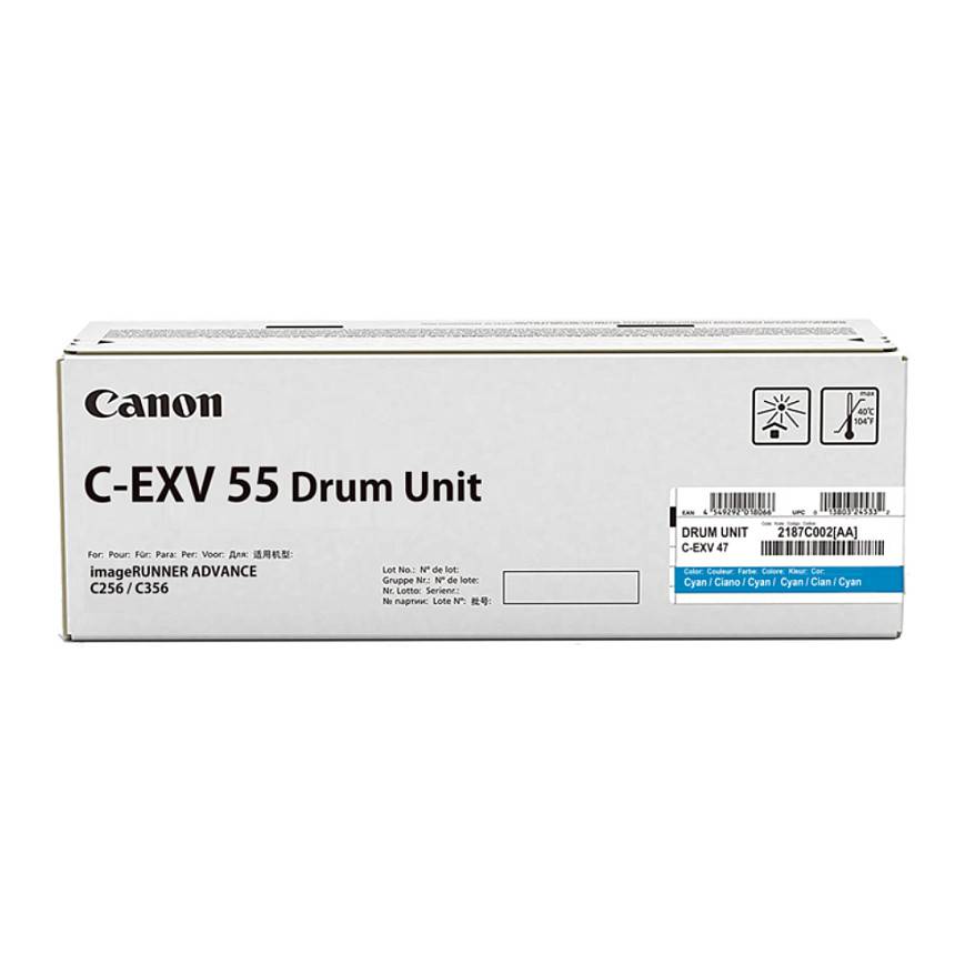 Canon C-EXV 55 Trommeleinheit Karton für imageRUNNER ADVANCE Drucker, gekennzeichnet für C256/C356 und Cyan-Toner-Verwendung.