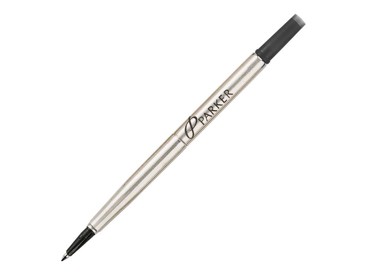 Ein silberner Stift mit der Gravur 'Parker' auf dem Gehäuse, versehen mit einem schwarzen Griff und Spitze, der vor einem einfarbigen weißen Hintergrund präsentiert wird.