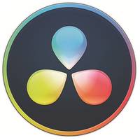 DaVinci Resolve Logo: Drei farbige Tropfenformen in einem dunklen Kreissymbol mit einem Regenbogen-Außenring.