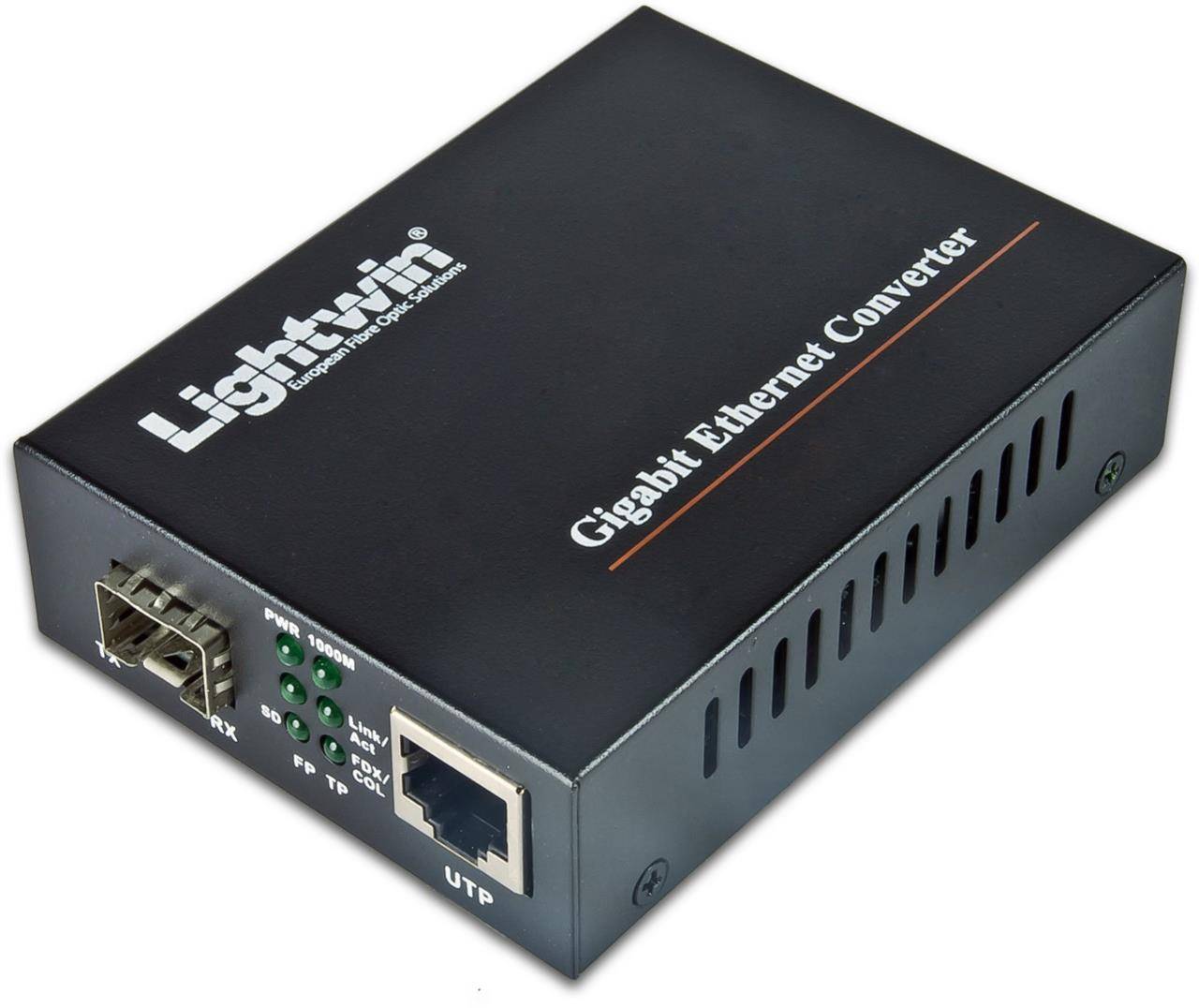 Black Ligthtwin 'Gigabit Ethernet Converter' Gerät mit Faser- und Ethernet-Anschlüssen und Status-LEDs.