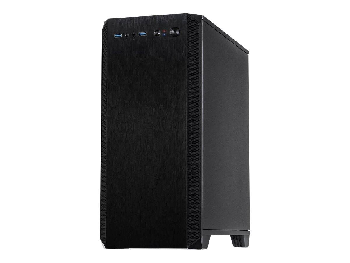 Schwarzes Desktop-Computer-Gehäuse mit vorderen USB- und Audioanschlüssen auf weißem Hintergrund