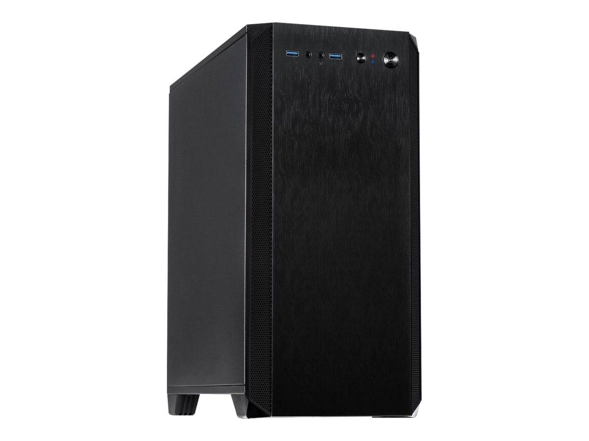 Schwarzes Desktop-Computer-Gehäuse auf weißem Hintergrund, dargestellt in Dreiviertelsicht mit sichtbaren vorderen USB-Anschlüssen und Ein-/Ausschalter.