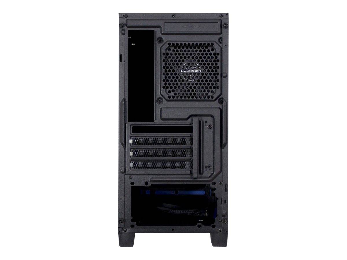 Rückansicht eines schwarzen Desktop-PC-Gehäuses mit belüftetem Lüftergitter, Erweiterungssteckplätzen und I/O-Öffnungen.