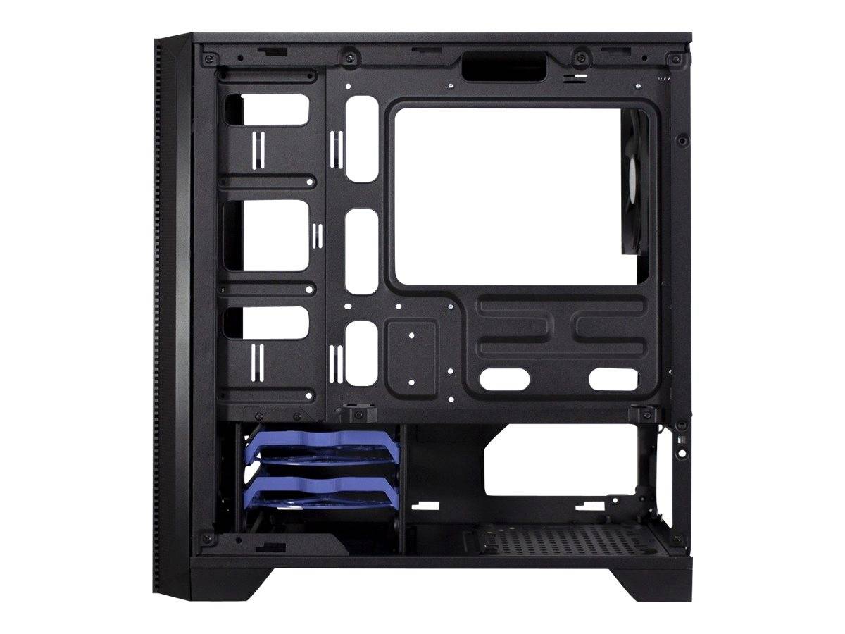 Schwarzes Computergehäuse-Chassis mit Innenseite und geöffnetem Seitenpanel, das Motherboard-Ausschnitte, Laufwerkschächte und PSU-Bereich auf weißem Hintergrund zeigt
