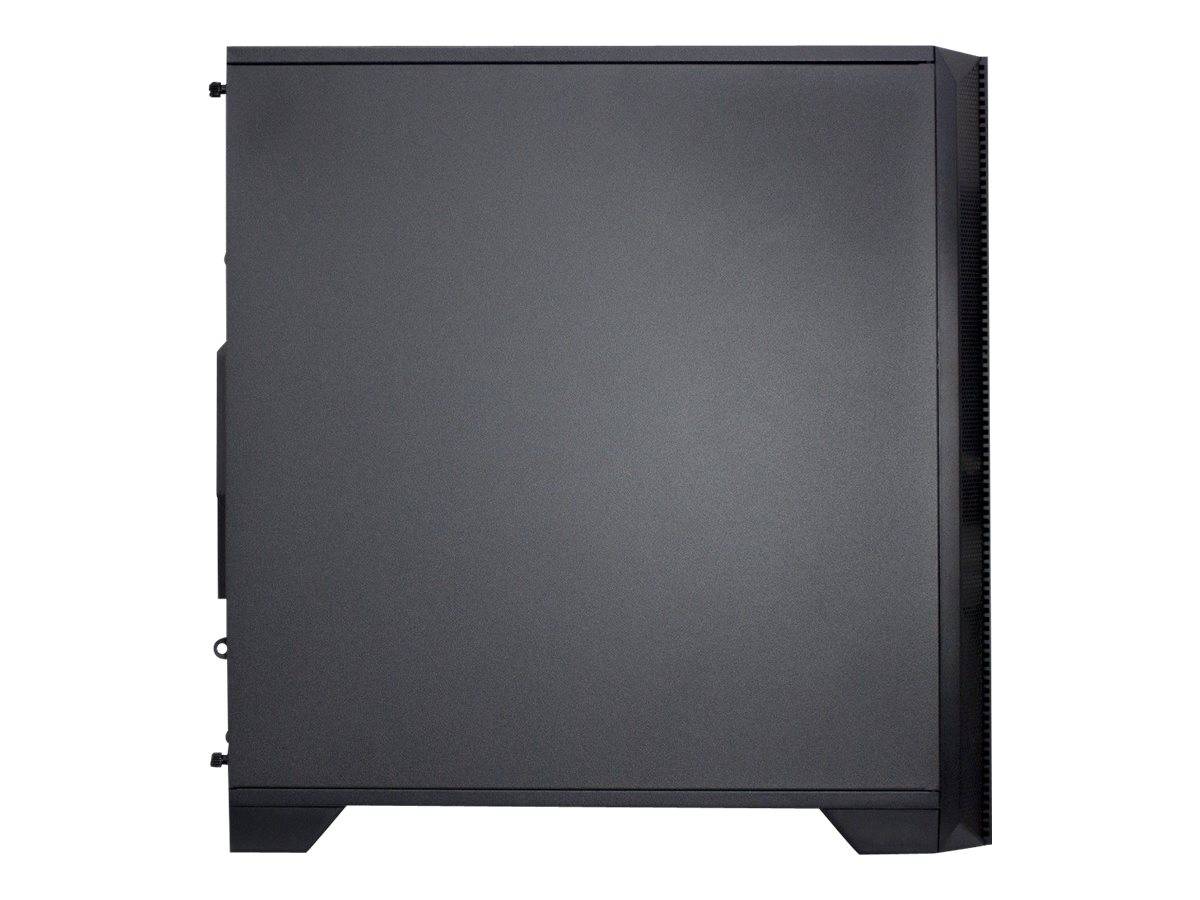 Seitenansicht eines schwarzen Desktop-Computer-Gehäuses auf weißem Hintergrund.