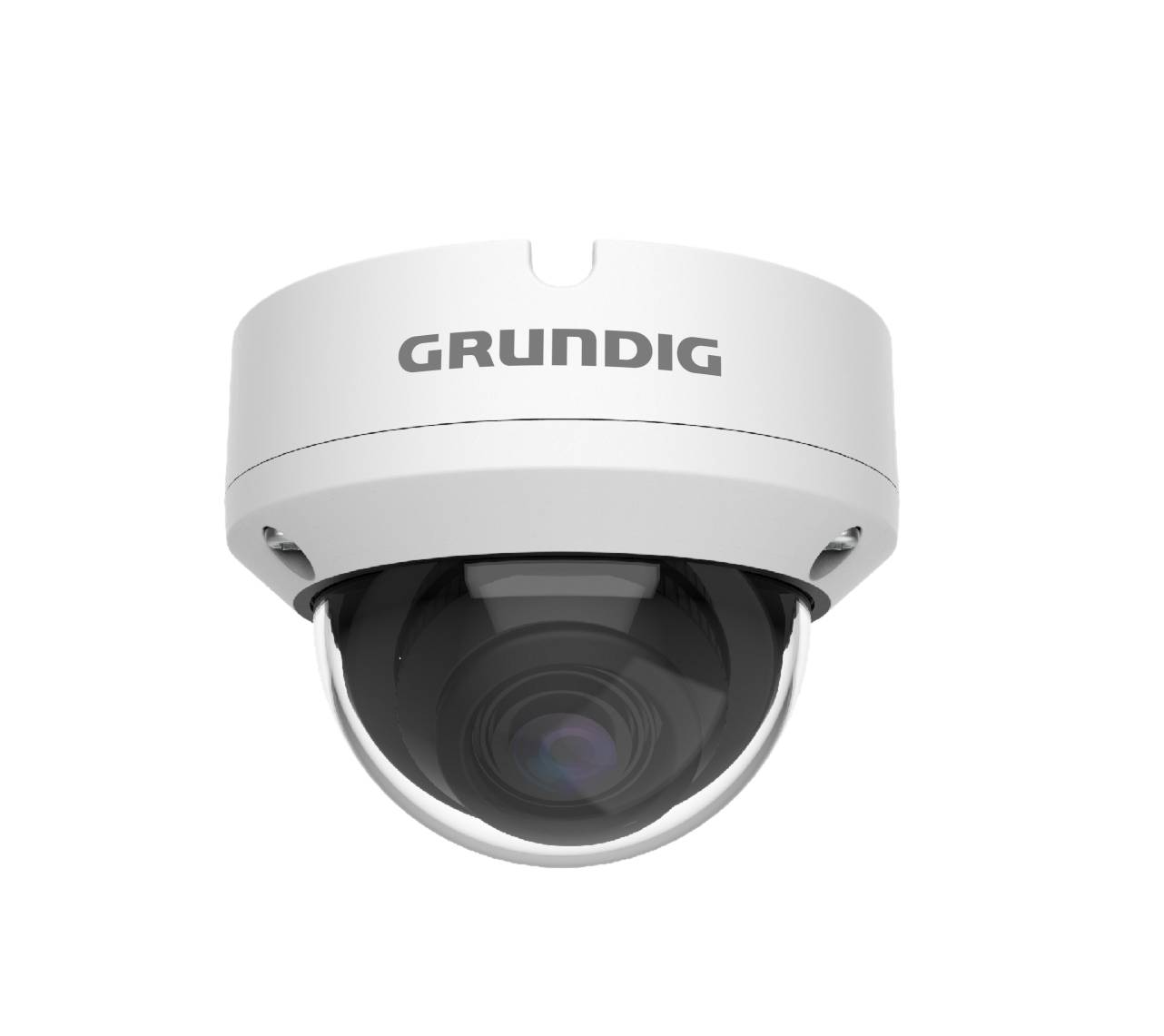 Weiße Grundig-Domenkamera mit schwarzem Objektiv, Frontansicht auf einfachem Hintergrund gezeigt.