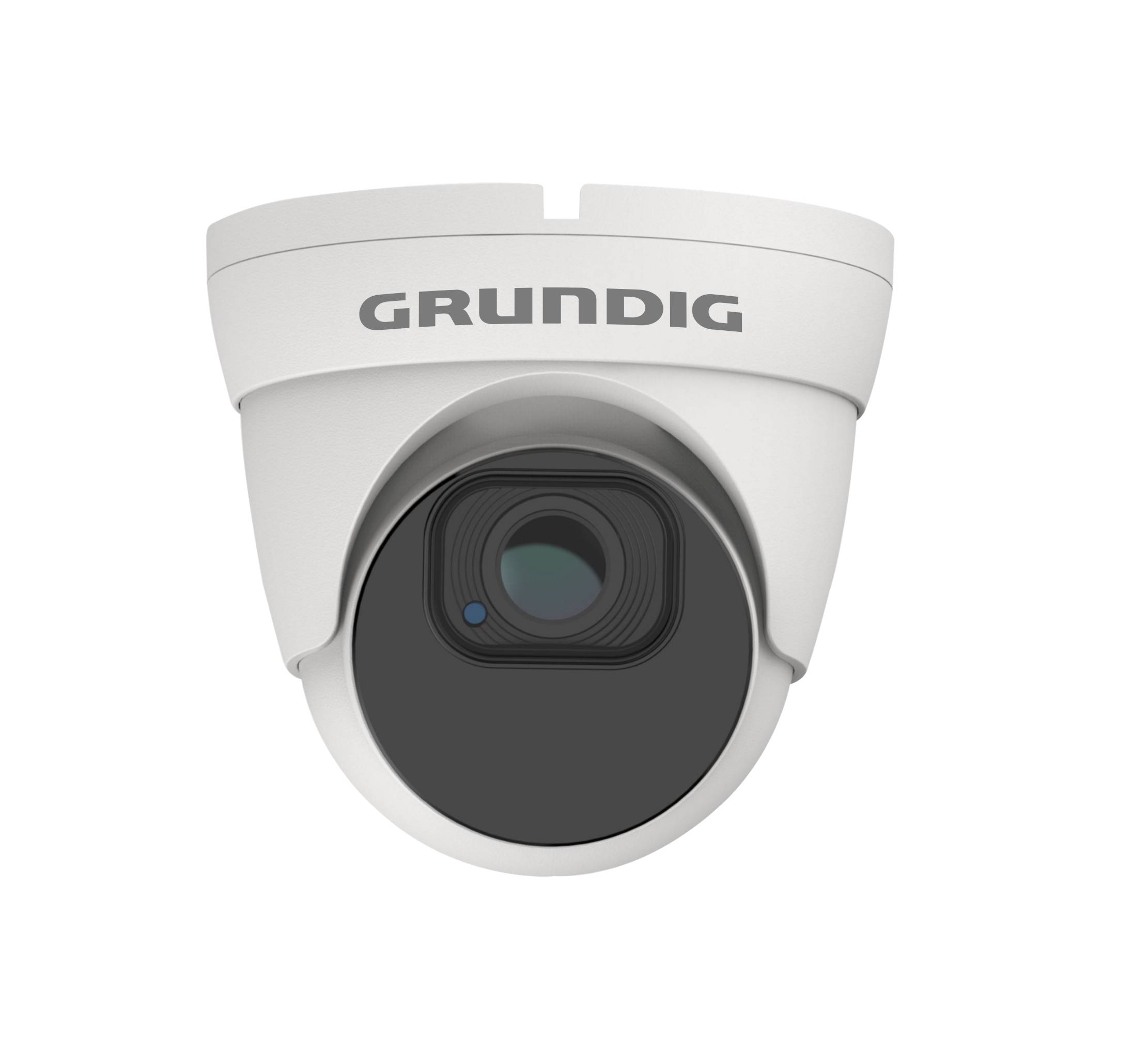 Weiße Grundig-Domesicherheitskamera mit schwarzem Objektiv, Vorderansicht auf einfachem Hintergrund.