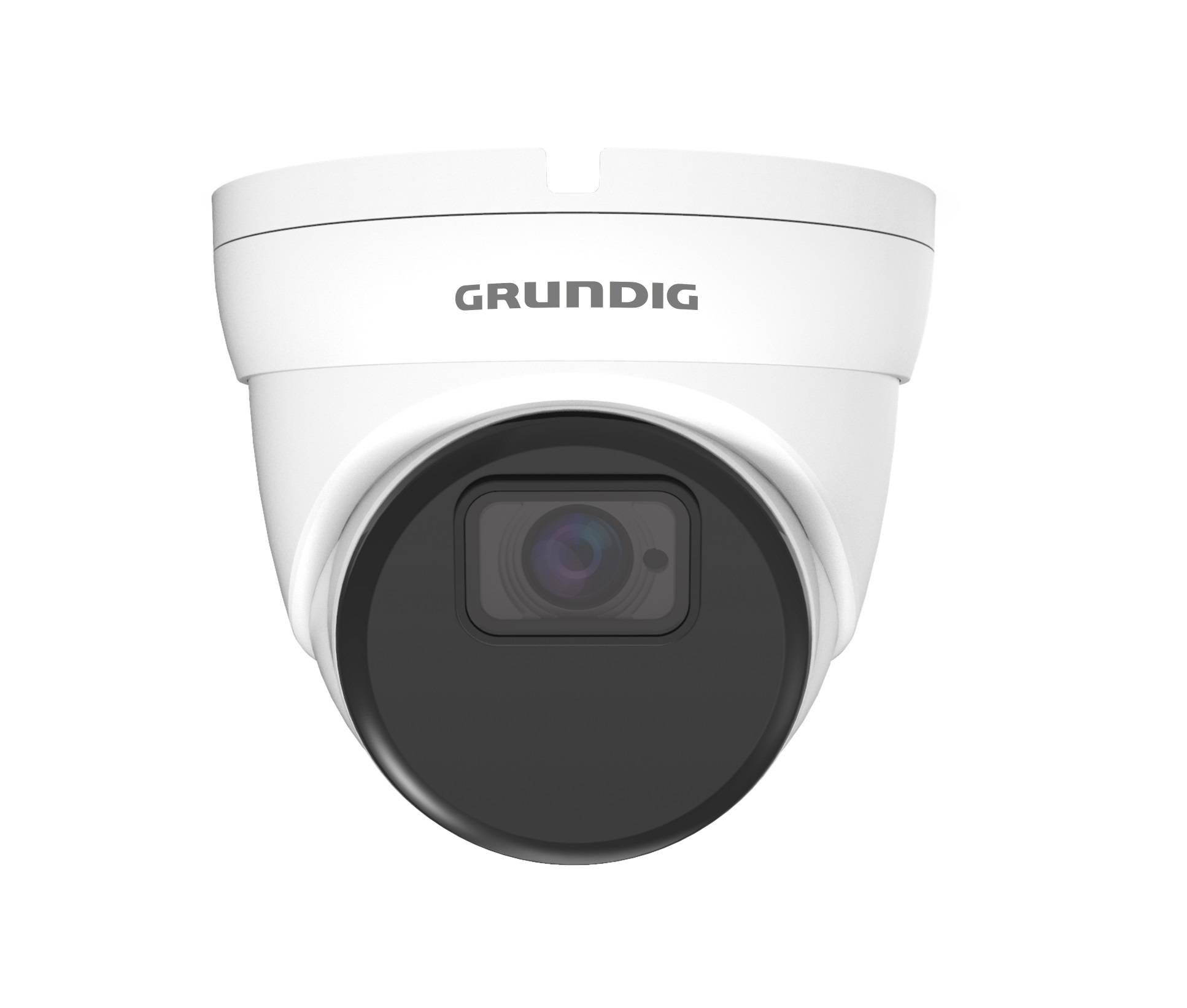 Weiße Grundig Dome-Sicherheitskamera mit schwarzem Objektiv vor neutralem Hintergrund.