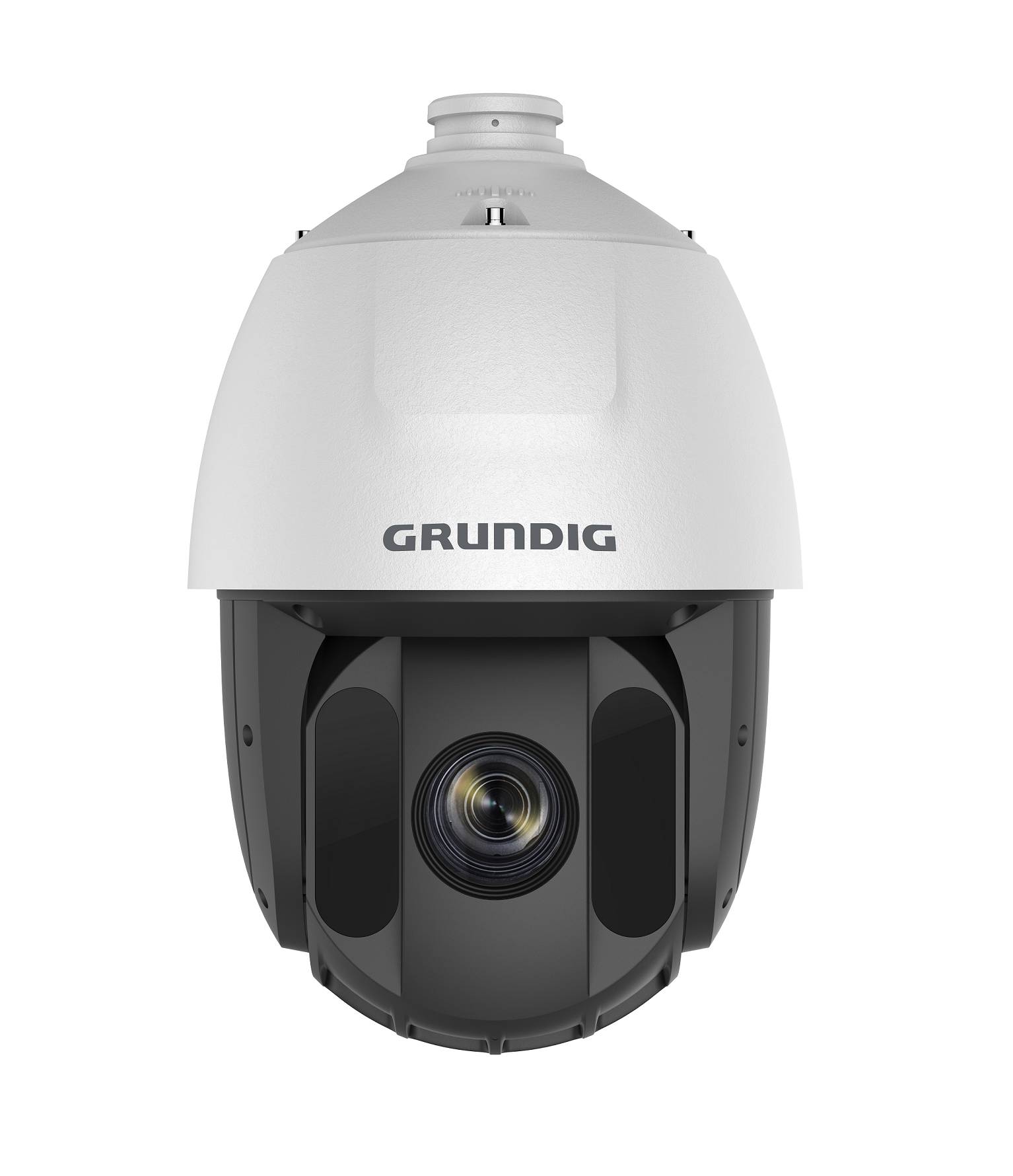 Grundig-Domesicherheitskamera mit weißem oberen Gehäuse und schwarzerem unteren Bereich, mit zentraler Linse.