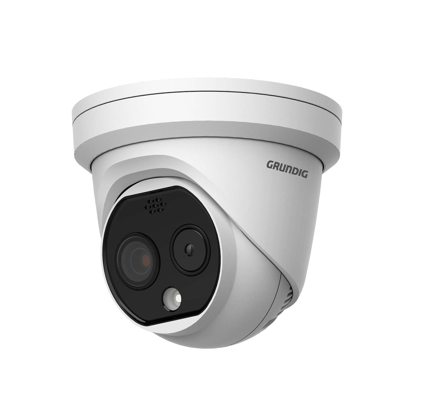 Weiße Grundig-Domensicherheitskamera mit schwarzem Objektivmodul und Sensoren, gezeigt vor einem einfachen Hintergrund.