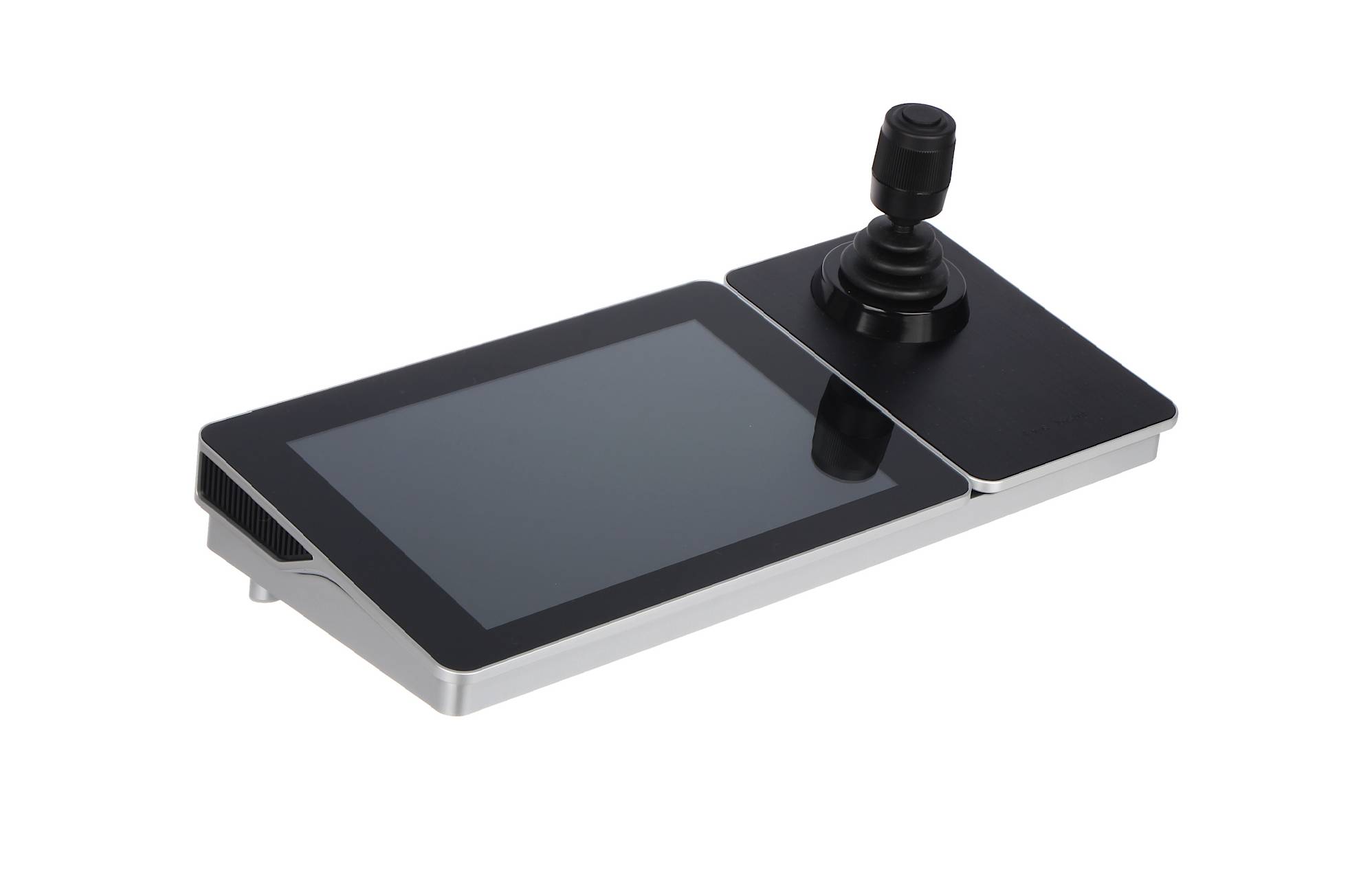 Kompakter Touchscreen-Controller mit Joystick, in schräger Perspektive auf weißem Hintergrund abgebildet.
