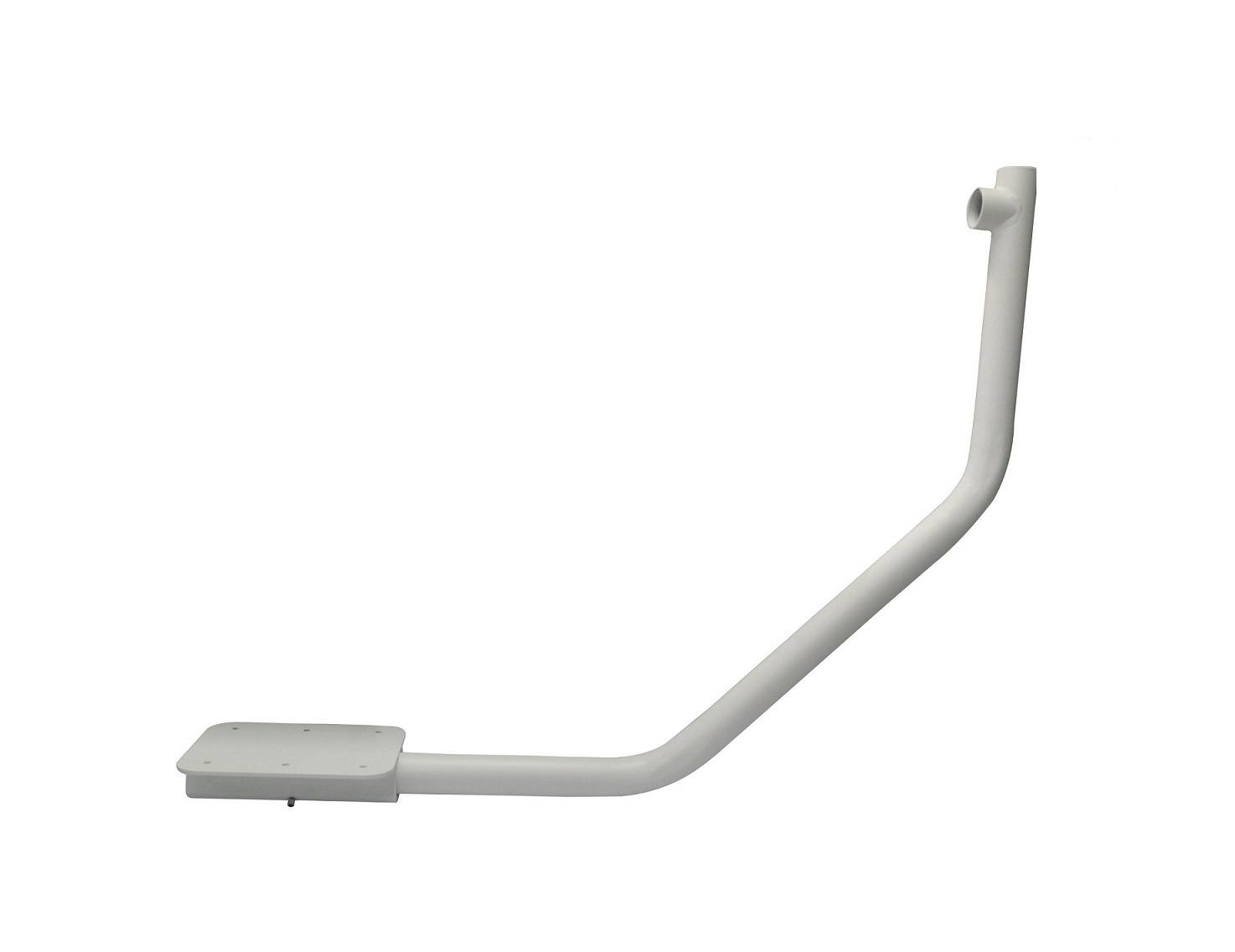 Ein weißer, gebogener Metallstützarm mit einer quadratischen Befestigungsplatte an einem Ende und einer offenen Halterung am anderen Ende, konzipiert für strukturelle Befestigung.