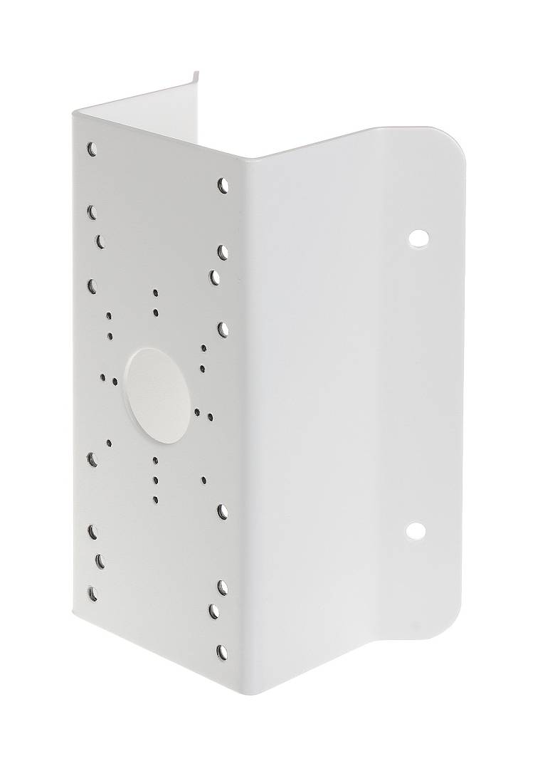 Weiße Metallmontageklammer mit vielen kleinen Perforationen und zwei größeren Seitenlöchern, gezeigt vor einem schlichten Hintergrund.