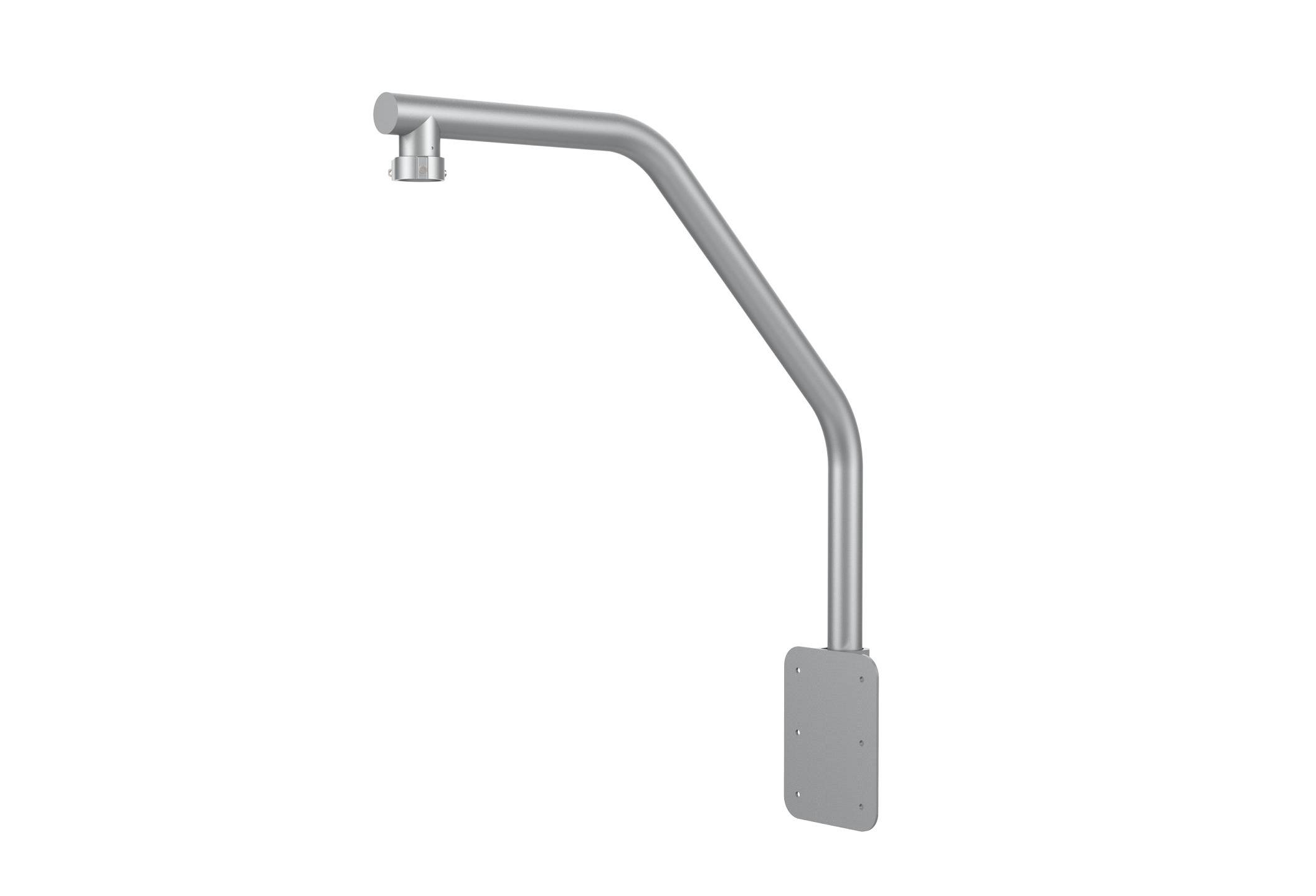 Eine silberne Wandhalterung mit Flansch, entwickelt zur Unterstützung von Ausrüstung oder Zubehör, die ein schlichtes, modernes Design zeigt.