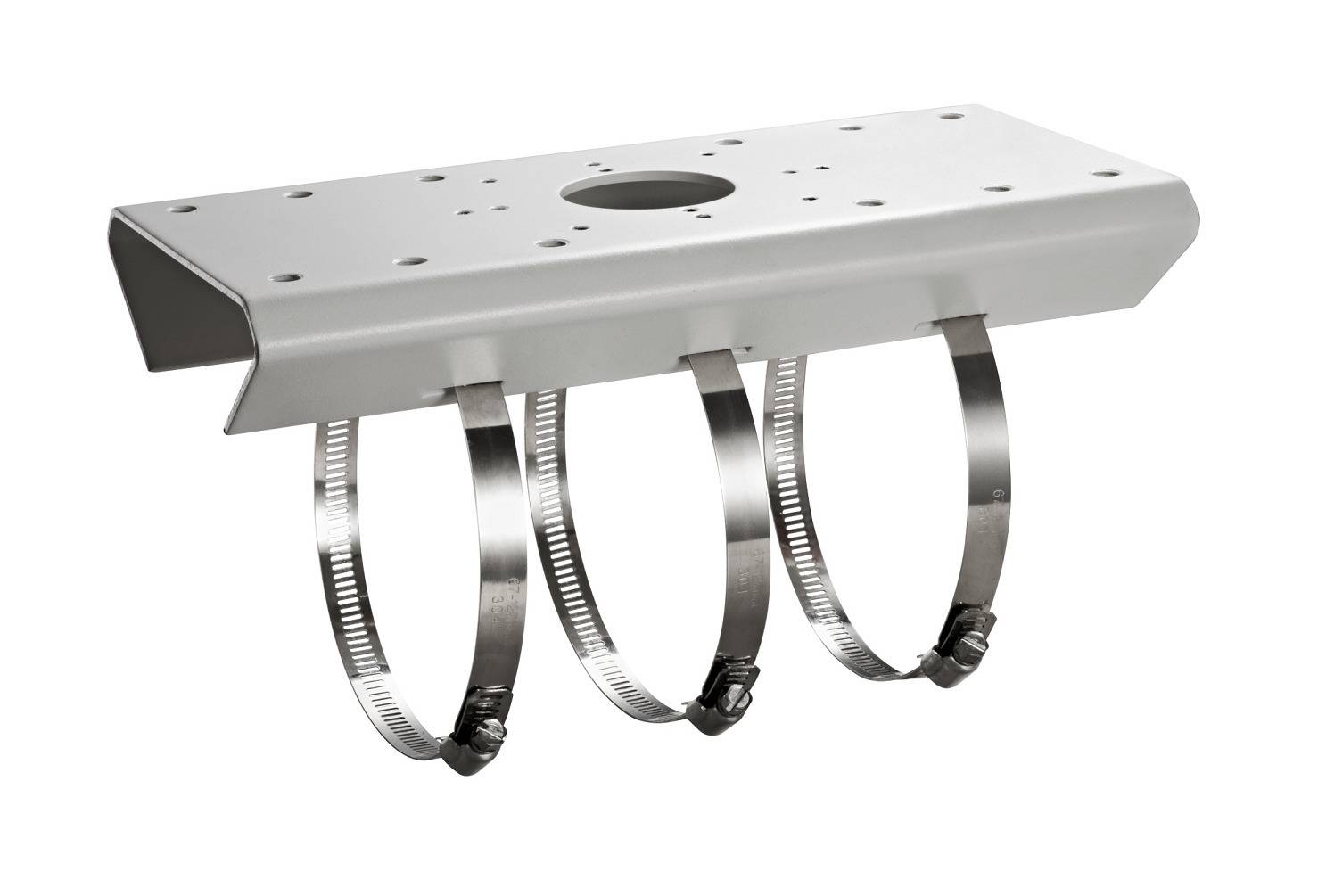 Metallhalterung mit vier verstellbaren Schlauchschellen, entwickelt zum Befestigen von zylindrischen Objekten, angebracht an einer flachen, gelochten Metallschiene.