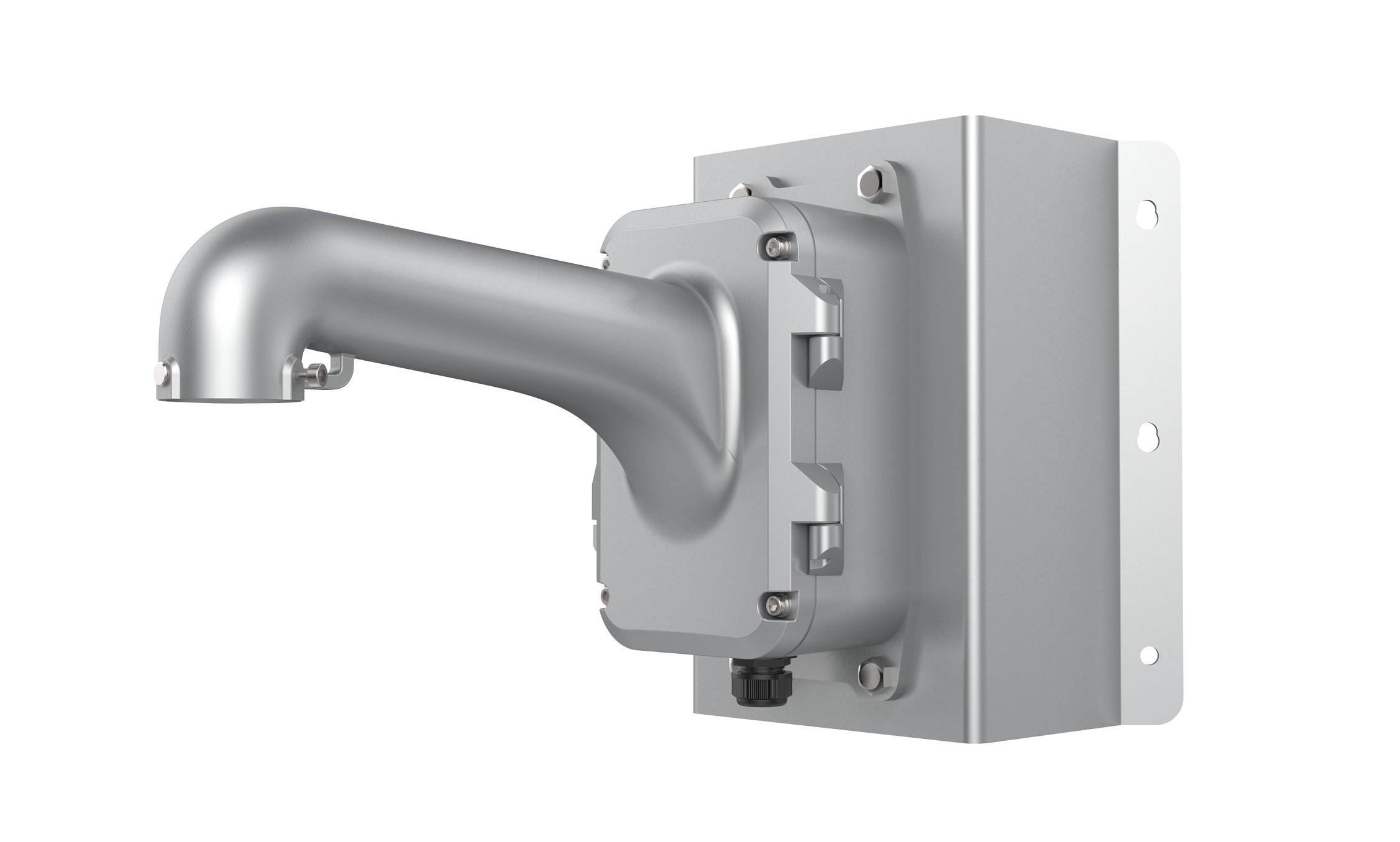 Eine metallische Halterungshalterung mit einem robusten Arm und einem Wandanschlussblech, konzipiert zum Sichern und Positionieren von Ausrüstung oder Befestigungen.