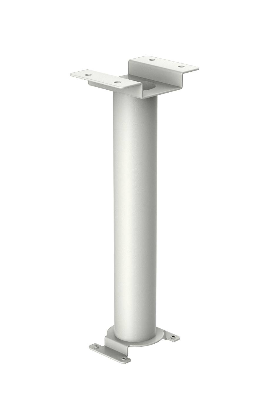 Weißer zylindrischer Metallstützpfosten mit oberer Montageklammer und Grundplatten auf einfachem Hintergrund.