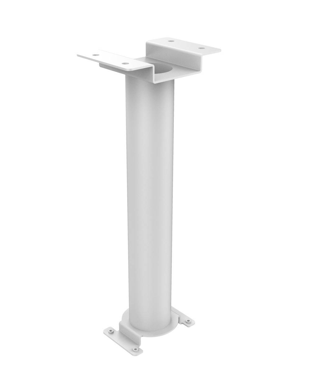 Ein metallisches Stützbein mit einer flachen Ober- und Unterseite, wahrscheinlich für Möbel oder Haushaltsgeräte verwendet, auf einem weißen Hintergrund dargestellt.