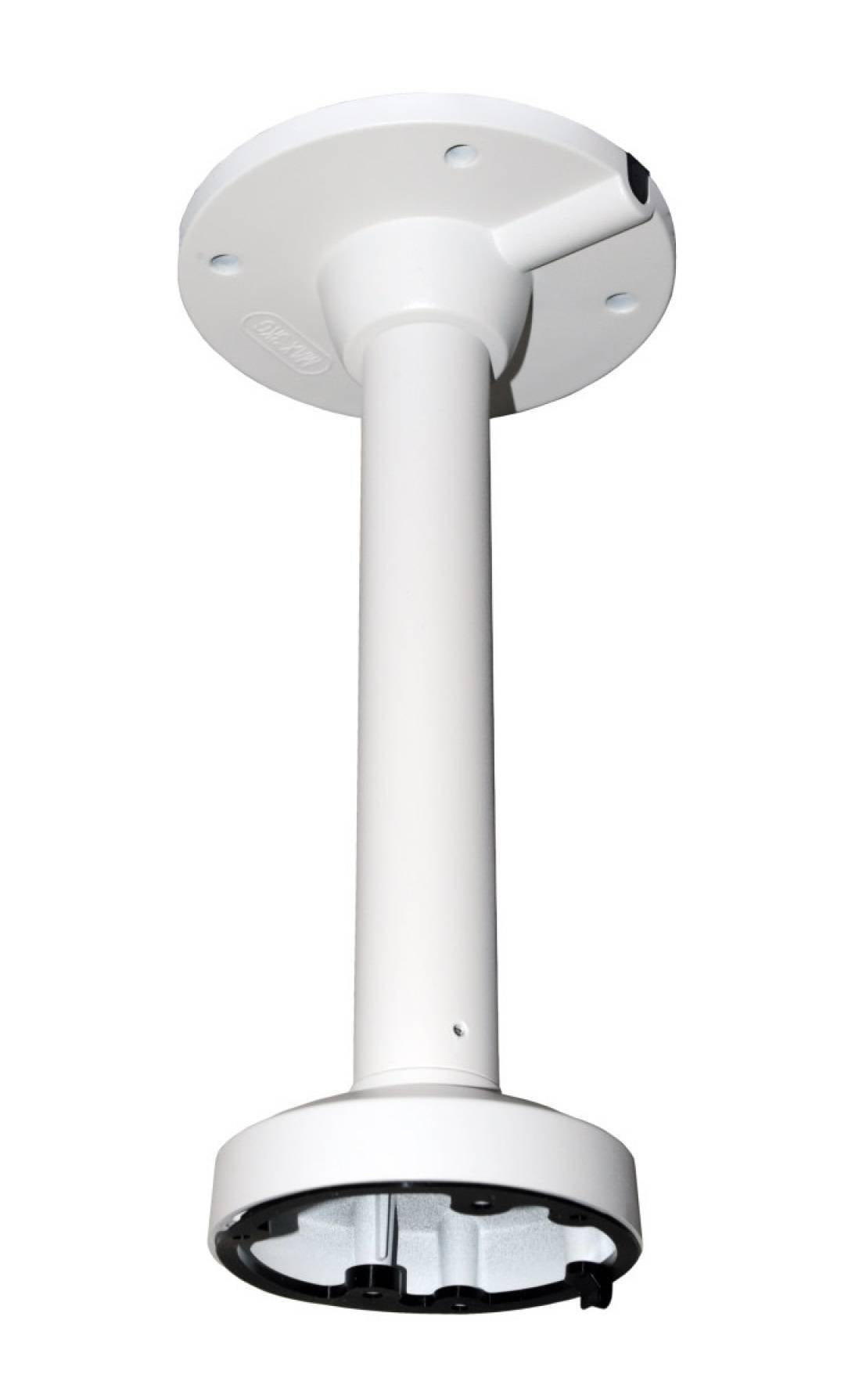 Eine weiße Deckenhalterung, die zum Anbringen und Stützen von Sicherheitskameras entwickelt wurde, mit sichtbaren Bohrlöchern für die Installation.