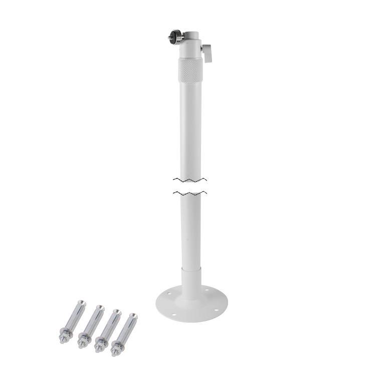 Verstellbare weiße Metallstange mit Fuß und Schraubbefestigung, zusammen mit vier identischen Schrauben, höchstwahrscheinlich für eine sichere Befestigungsmöglichkeit.