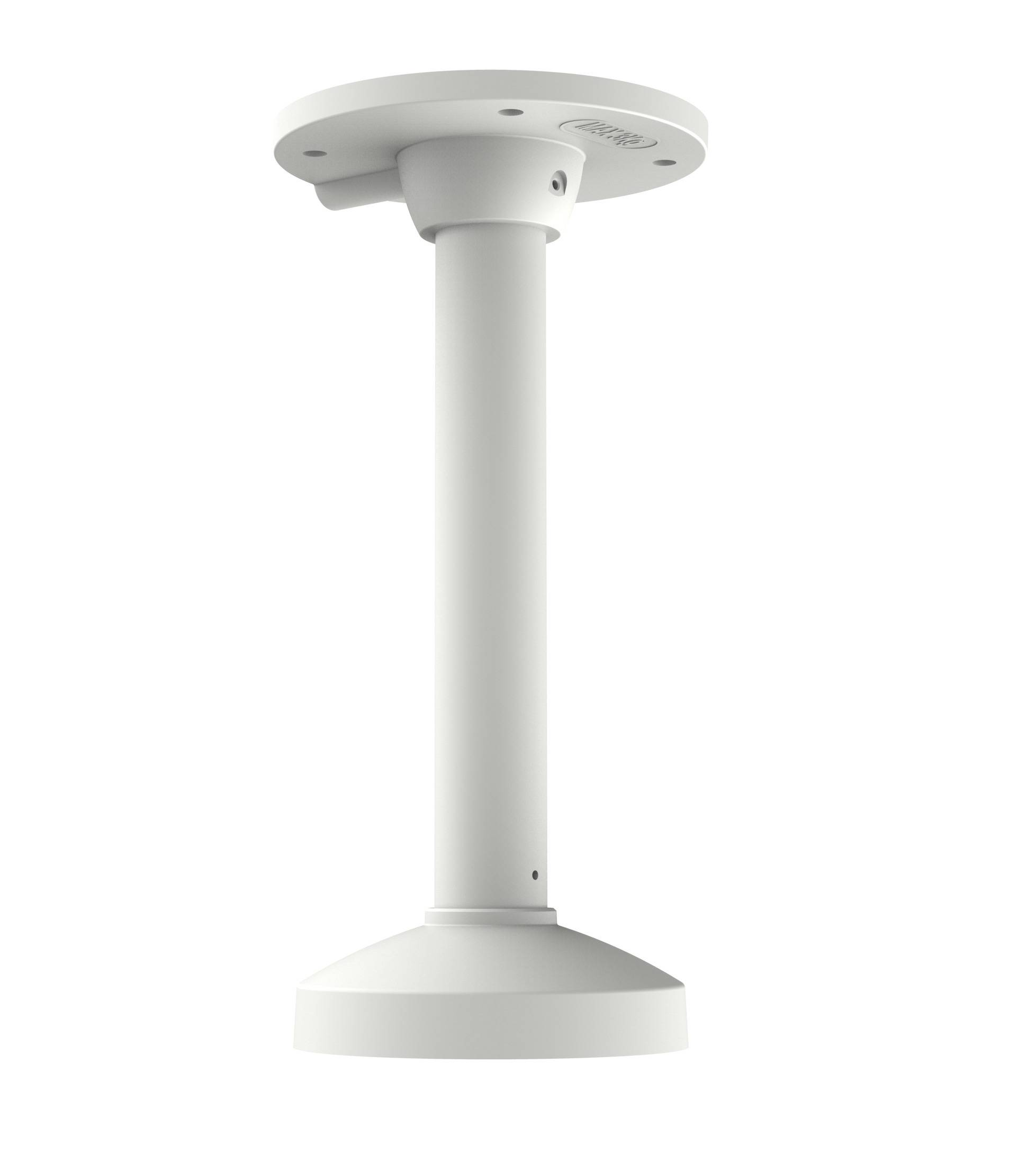 Ein weißer, zylindrischer Deckenhalterungsbügel, der für die Unterstützung von Überwachungskameras entwickelt wurde, mit einer Basis und kreisförmigem Oberteil für eine sichere Befestigung.