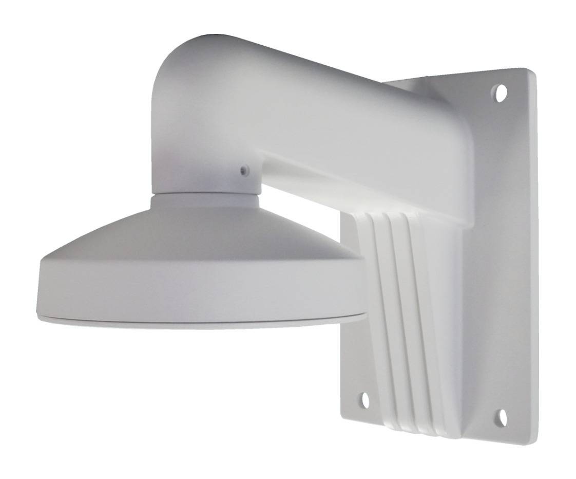 Eine weiße, wandmontierte Außenleuchte mit geschwungener Gestaltung, die einen breiten, kreisförmigen Lampenschirm aufweist.
