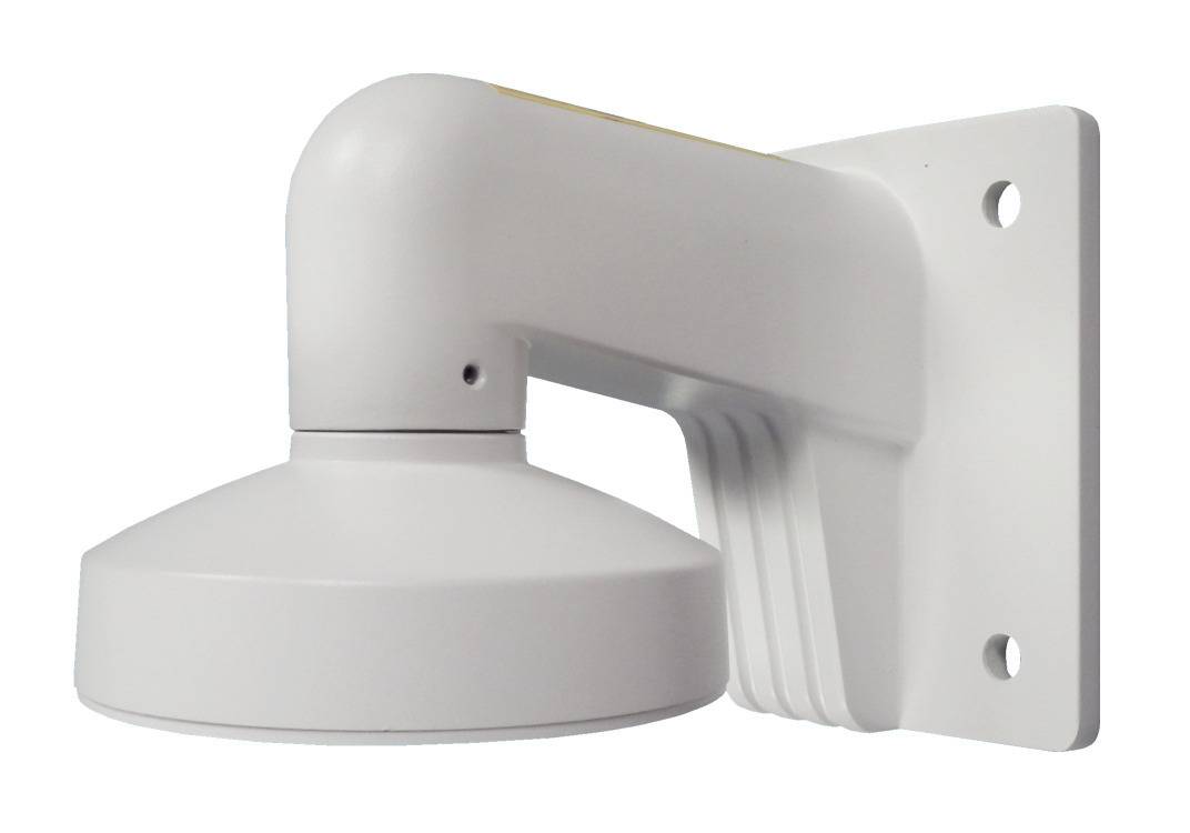 Eine weiße Sicherheitskamera-Wandhalterung mit runder Basis, von der Seite gezeigt, die ihr schlankes und minimalistisches Design hervorhebt.