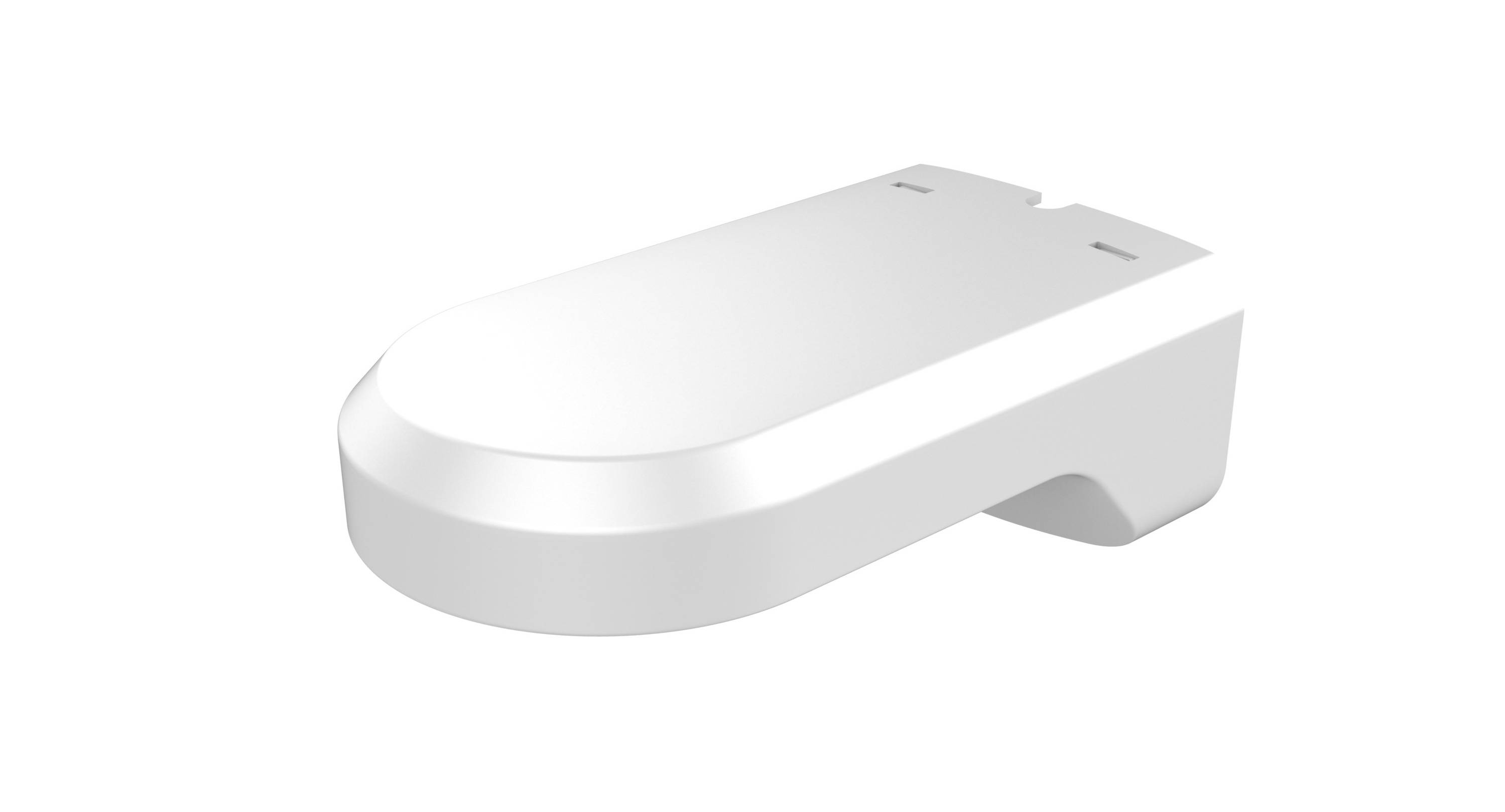 Weißer Plastik-Toilettensitz-Deckel mit einem einfachen, modernen Design und glatten Kanten, wahrscheinlich für eine Standardtoilette verwendet.