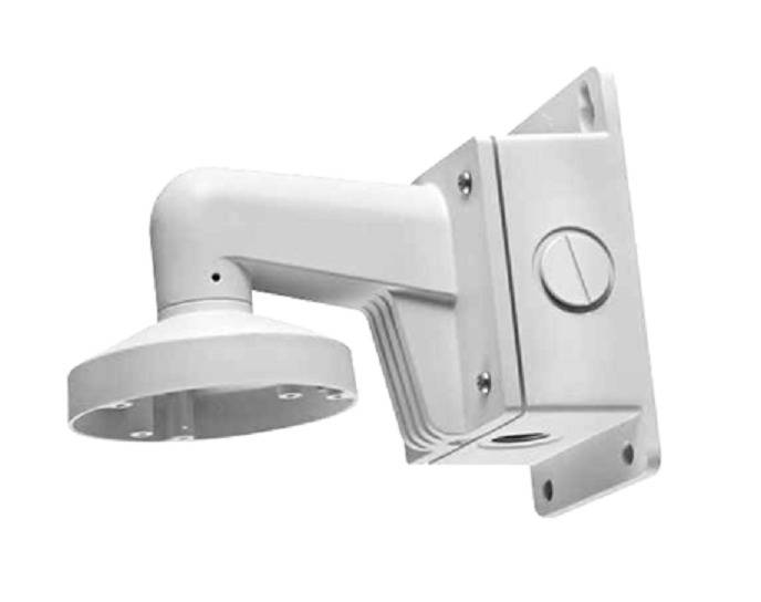 Ein weißer Wandhalterungsadapter für Überwachungskameras, der eine zylindrische Form mit Befestigungslöchern für eine sichere Montage aufweist.